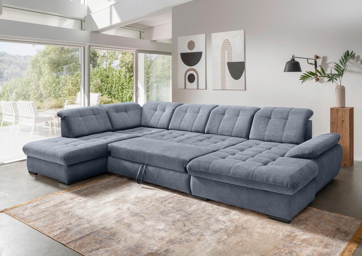 Wohnlandschaft Rigatti Hellblau Chenille m.Bettkasten - Schwarz/Hellblau, MODERN, Textil/Metall (252/387/184cm) - Livetastic