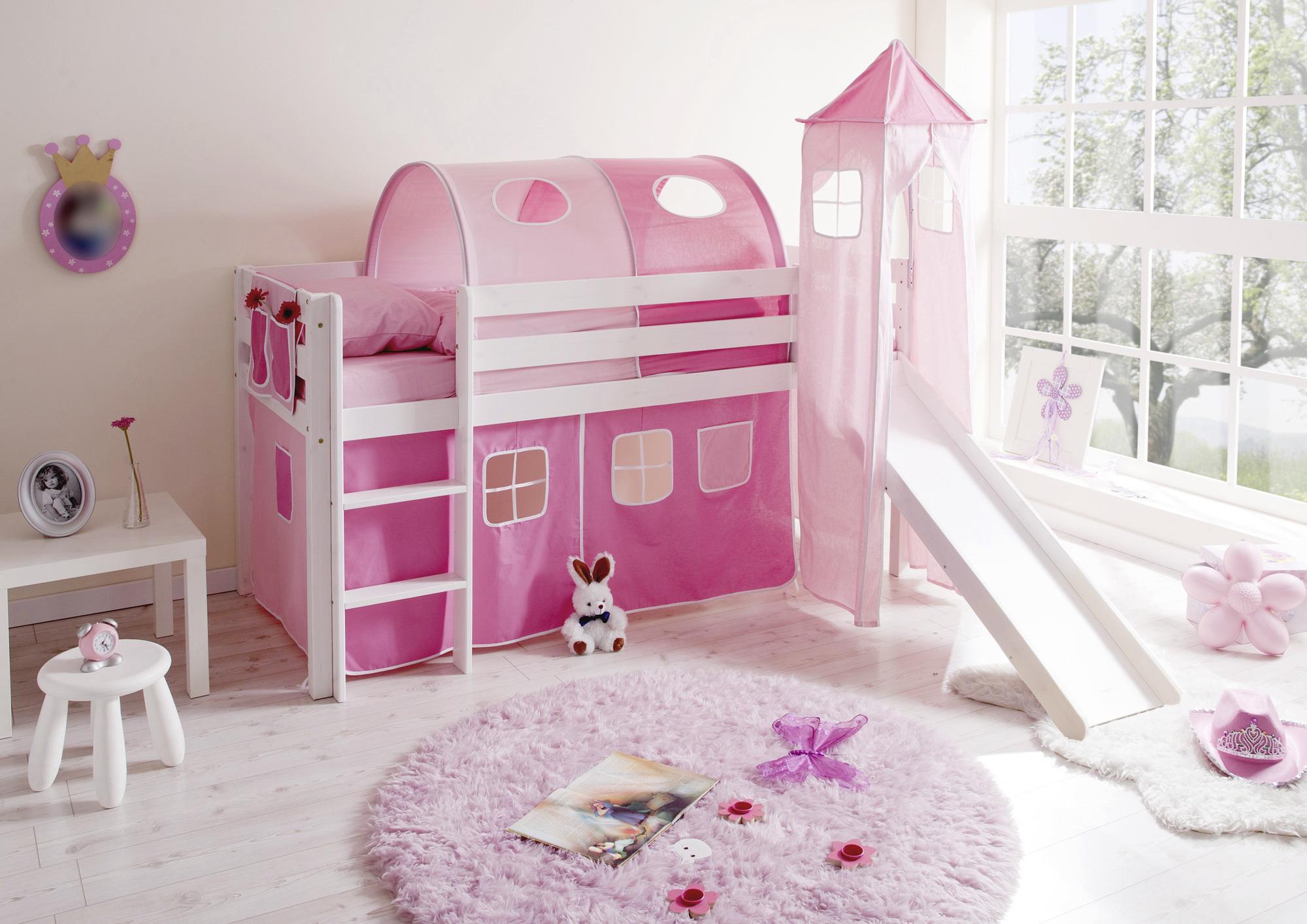 Igralna Postelja Kasper, 90x200, Roza, Tobogan, Stolp - roza/bela, Natur, les (90/200cm) - MID.YOU