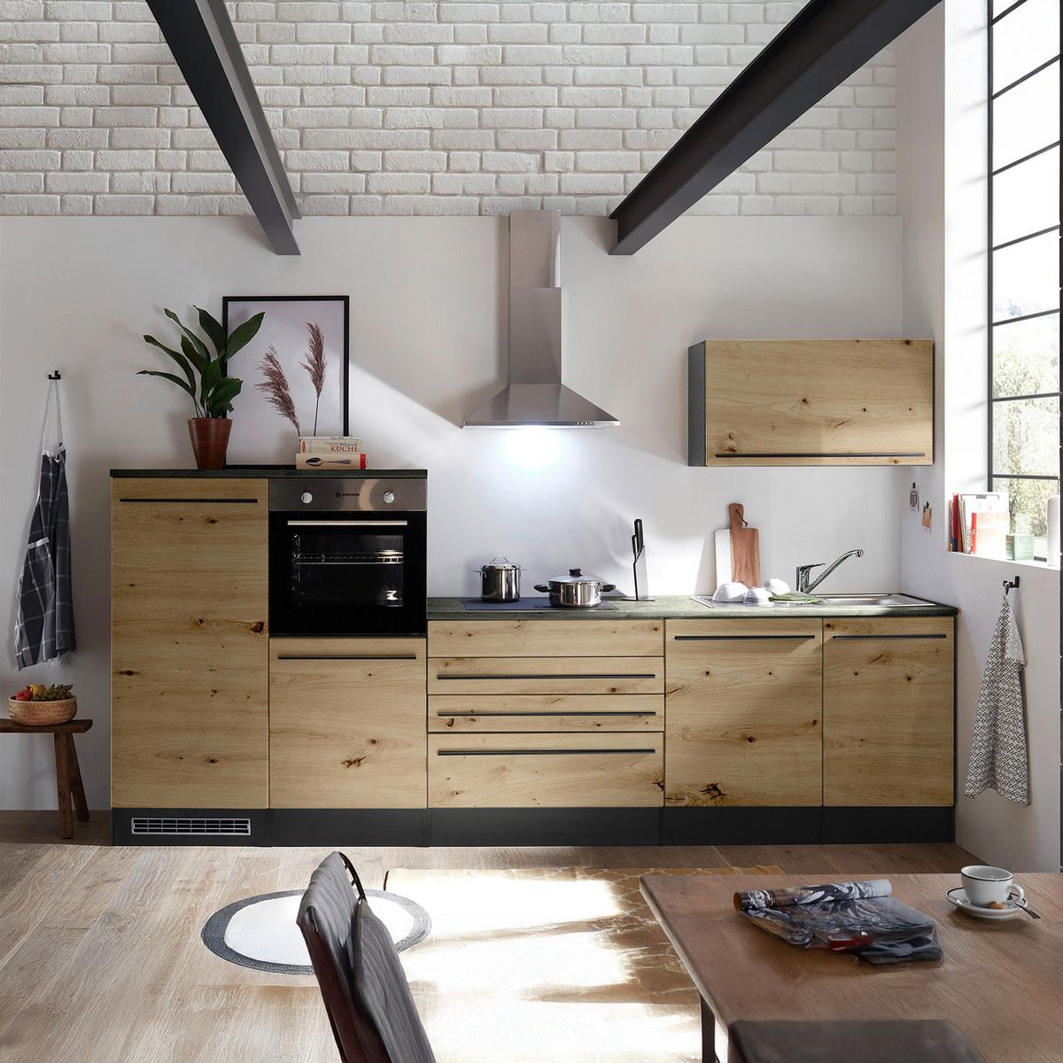 Küchenblock Jazz mit Geräten ca.320 cm Eiche/Anthrazit - Anthrazit/Schwarz, Basics, Holzwerkstoff/Kunststoff (320cm) - P & B