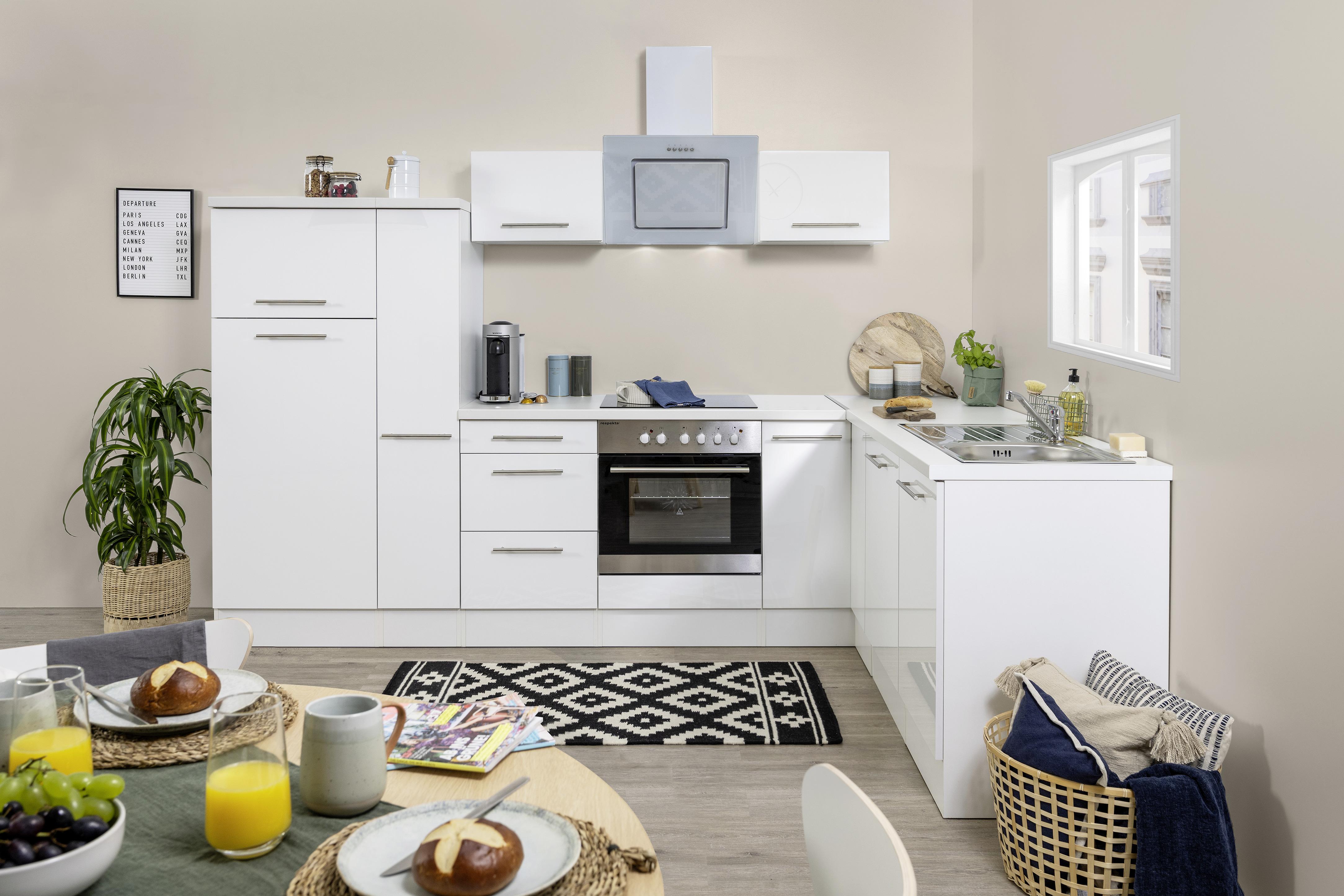 Eckküche RP290WWC mit Geräten 290x200 cm Weiß - Edelstahlfarben/Weiß, KONVENTIONELL, Holzwerkstoff/Metall (290/200cm) - Respekta