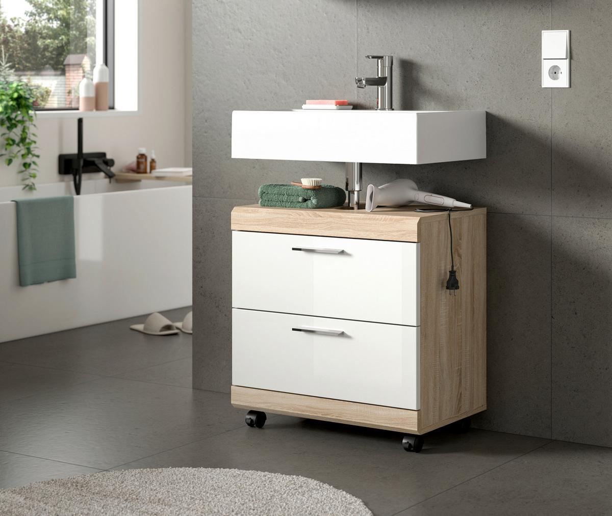 Waschbeckenunterschrank Lambada Weiß HB/Sonoma Eiche - Weiß Hochglanz/Silberfarben, Trend, Holzwerkstoff/Kunststoff (60/60/34cm) - MID.YOU