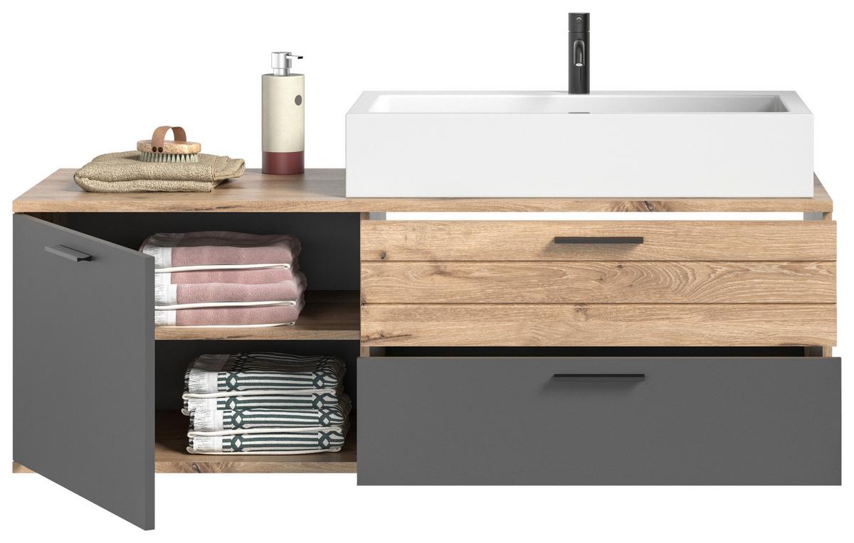 Waschbecken mit Unterschrank Mason ca. 140 cm Eiche/Grau - Eichefarben/Schwarz, MODERN, Holzwerkstoff/Kunststoff (140cm) - MID.YOU