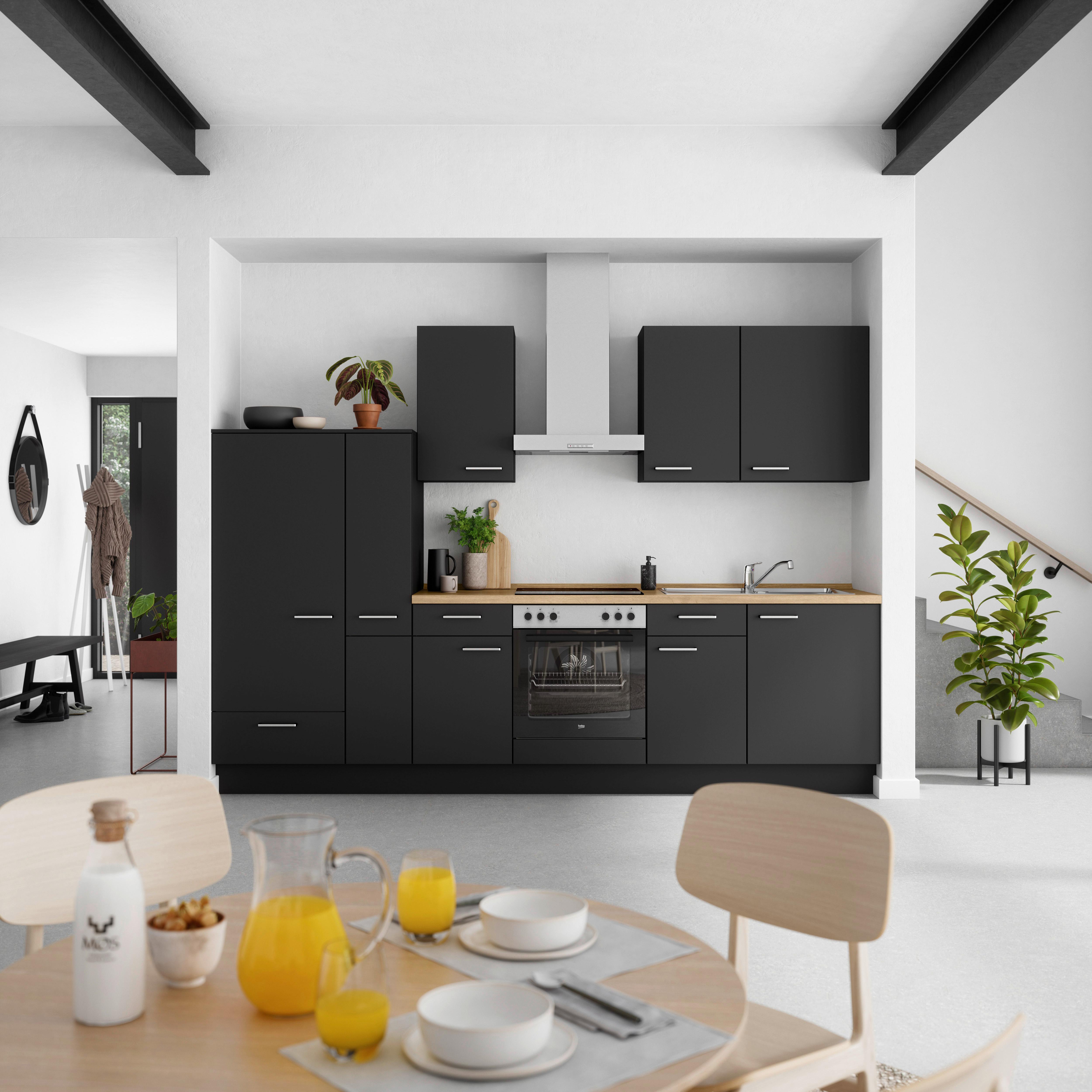 Küchenblock Touch Low m. Geräten Schwarz - Edelstahlfarben/Eichefarben, MODERN, Holzwerkstoff/Metall (300cm) - Nobilia