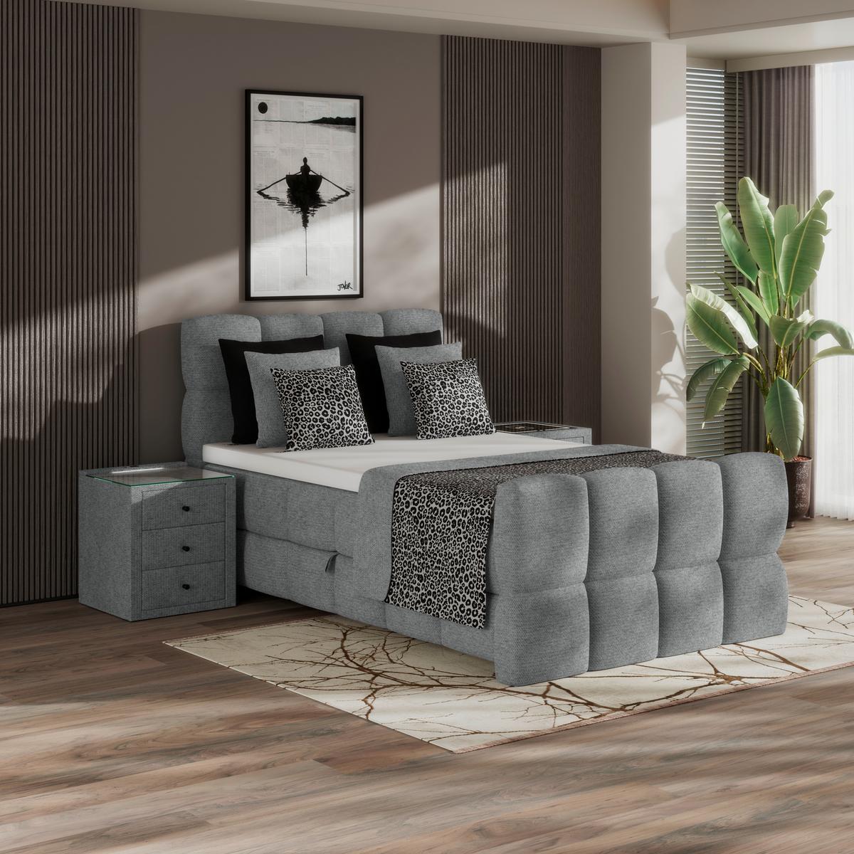 Postelja Boxspring Brisbane, Siva, 140x220 - siva/črna, Trend, kovina/umetna masa (140/220cm) - Premium Living