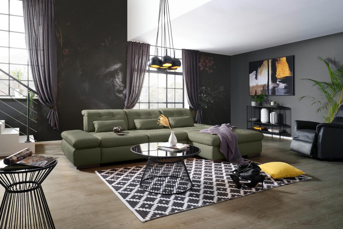 Wohnlandschaft Sanfino Leder Anthrazit - Chromfarben/Anthrazit, KONVENTIONELL, Leder/Metall (305/79-96/199cm) - Premium Living