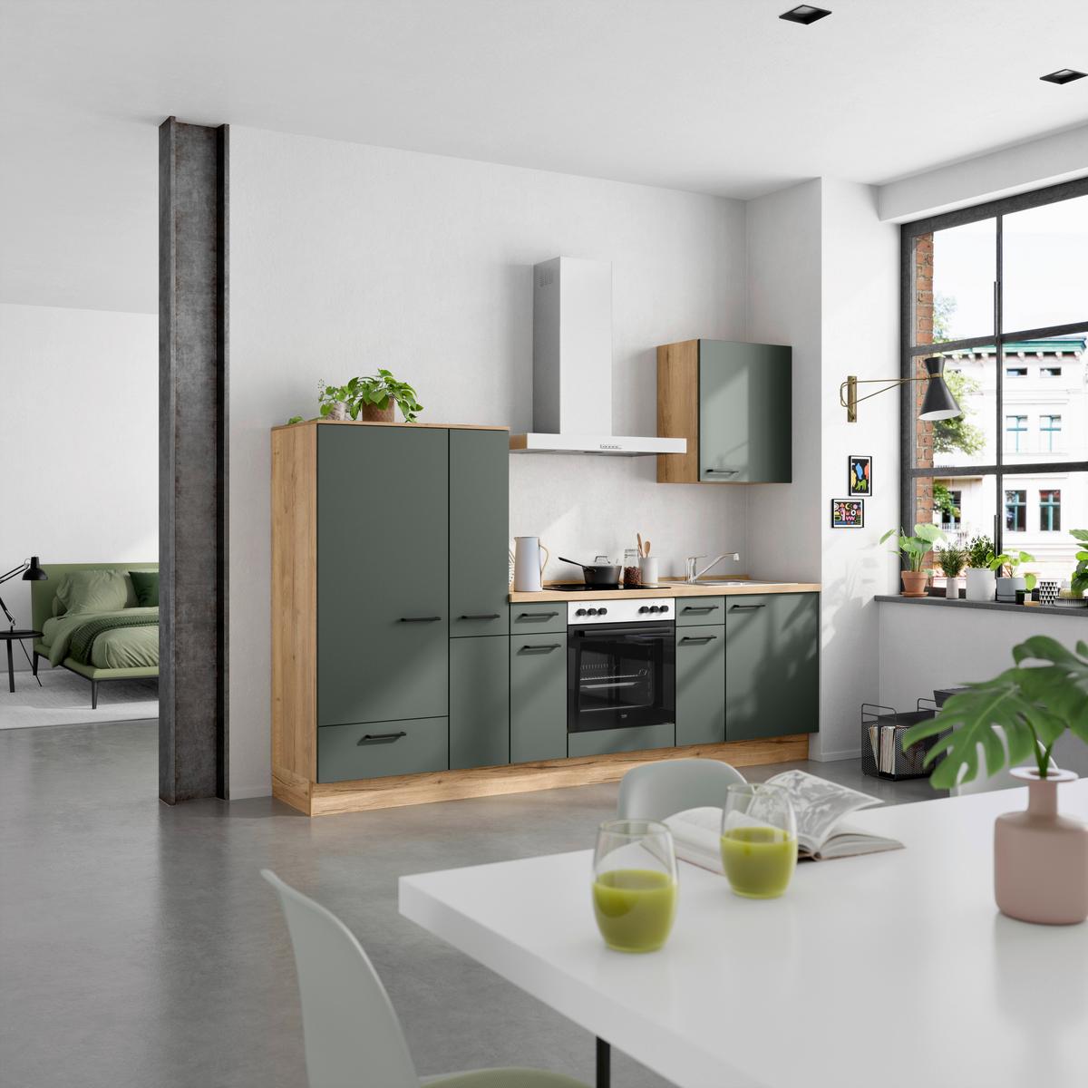 Küchenblock Easytouch Low m. Geräten Dunkelgrün - Dunkelgrün/Eichefarben, MODERN, Holzwerkstoff/Metall (270cm) - Nobilia
