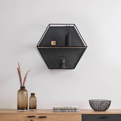 Wandregal Lelia Natur/Schwarz Echtholz/MDF - Schwarz/Naturfarben, MODERN, Holz/Metall (60/53/16cm) - Bessagi Home