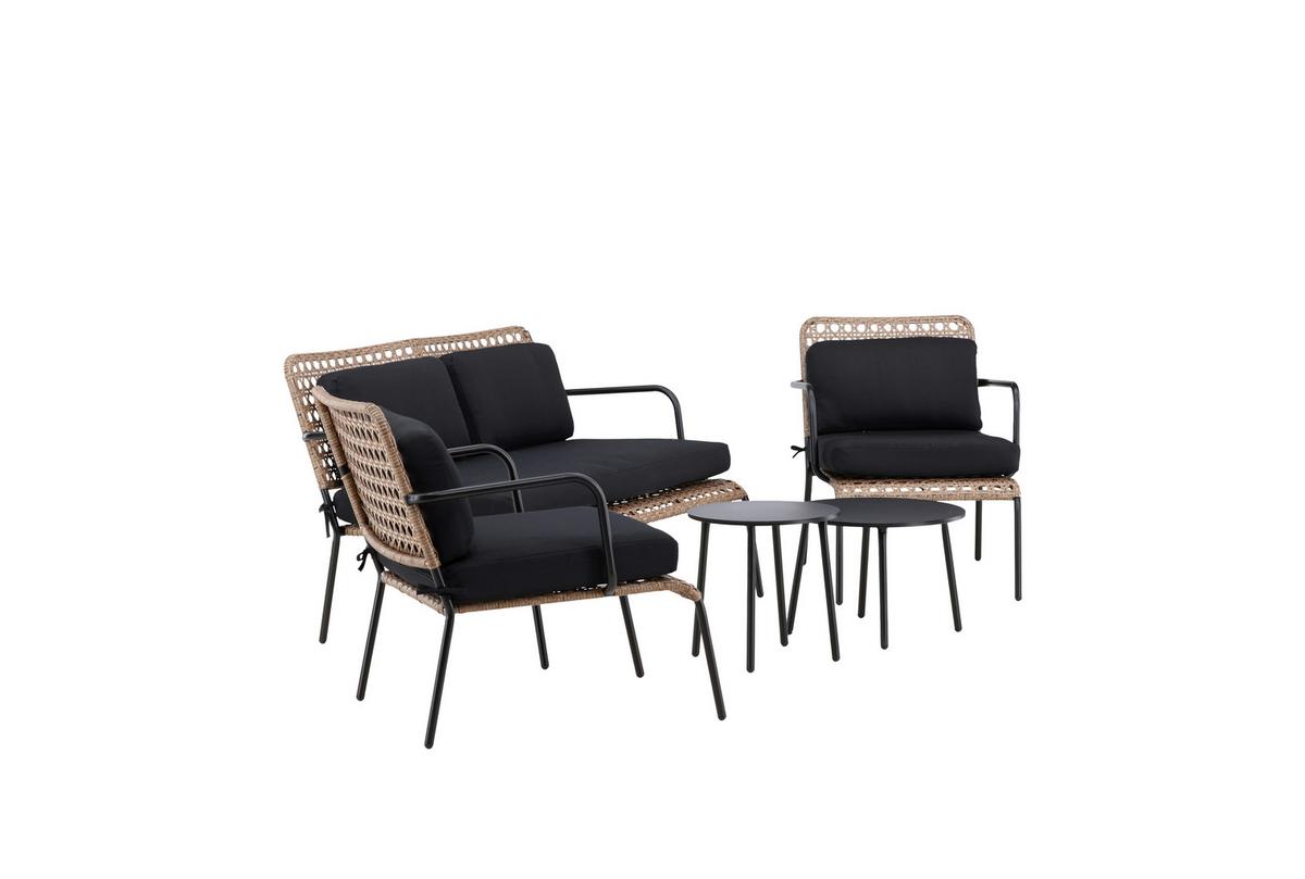 Loungegarnitur Paola 5-tlg. Rattan geflecht - Dunkelgrau/Schwarz, KONVENTIONELL, Naturmaterialien/Holz - Gardenson