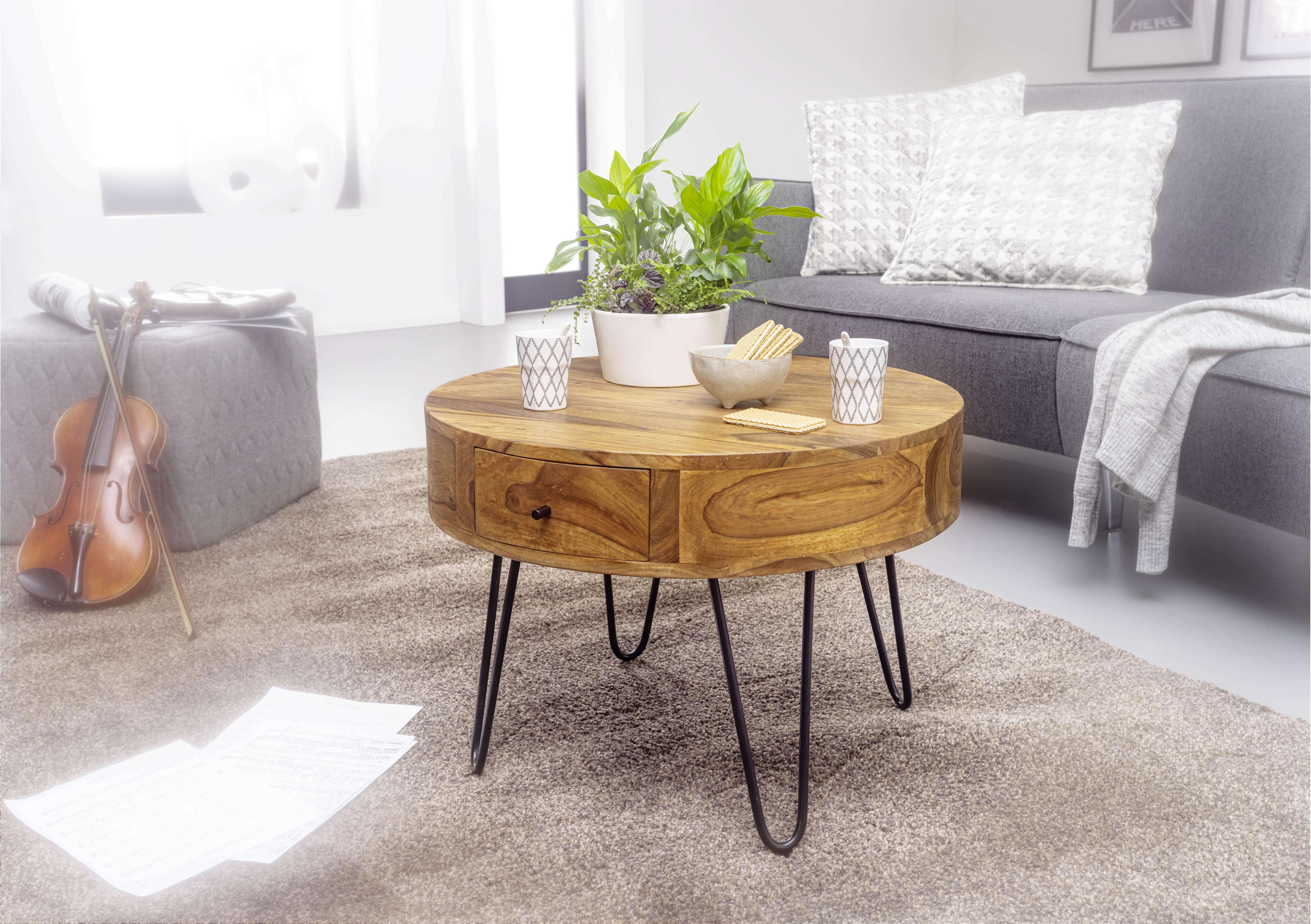 Couchtisch mit Laden ca. 60x44,5 cm Sheesham - Sheeshamfarben/Schwarz, MODERN, Holz/Metall (60/60/44,5cm) - MID.YOU