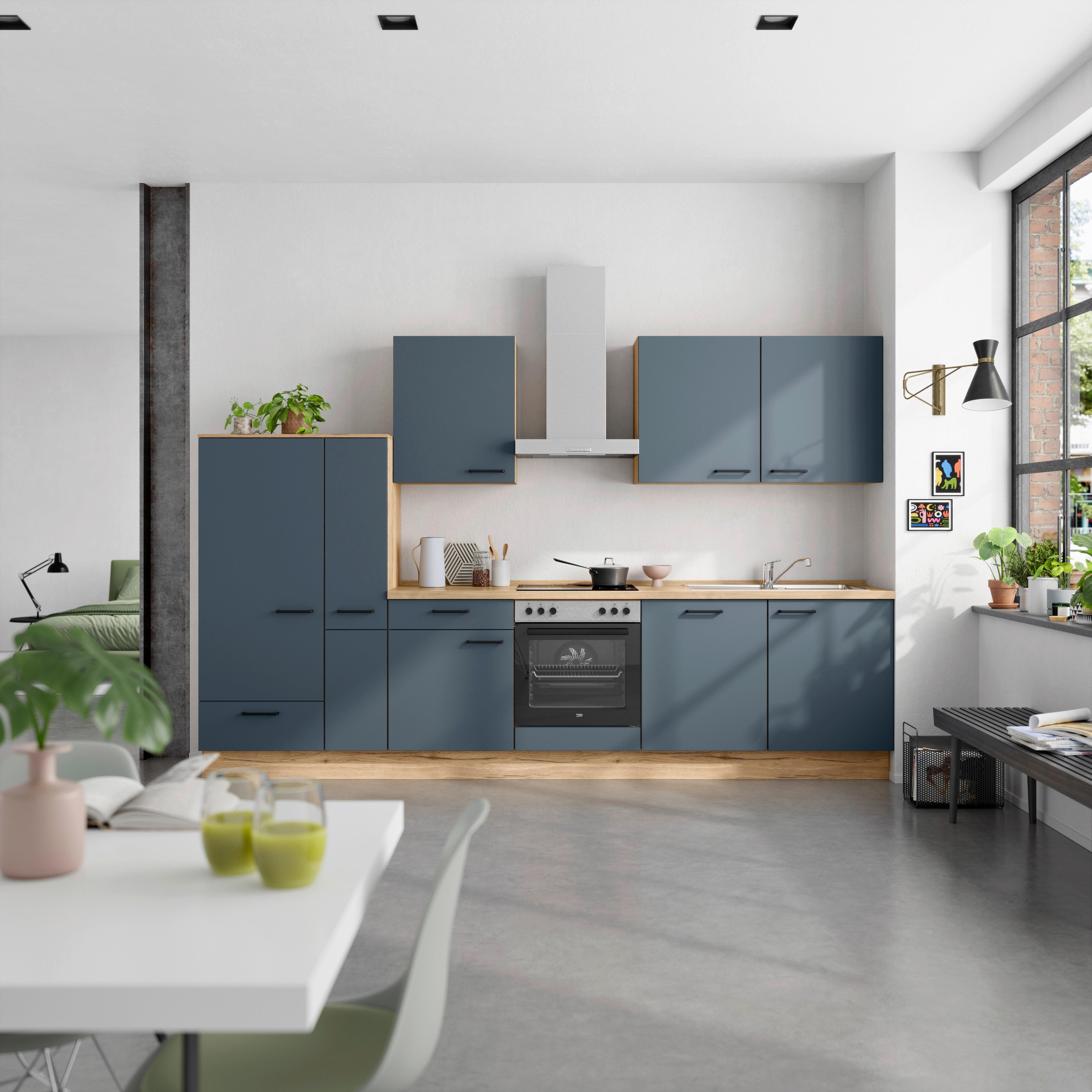 Küchenblock Easytouch Low m. Geräten Dunkelblau - Eichefarben/Schwarz, MODERN, Holzwerkstoff/Metall (330cm) - Nobilia