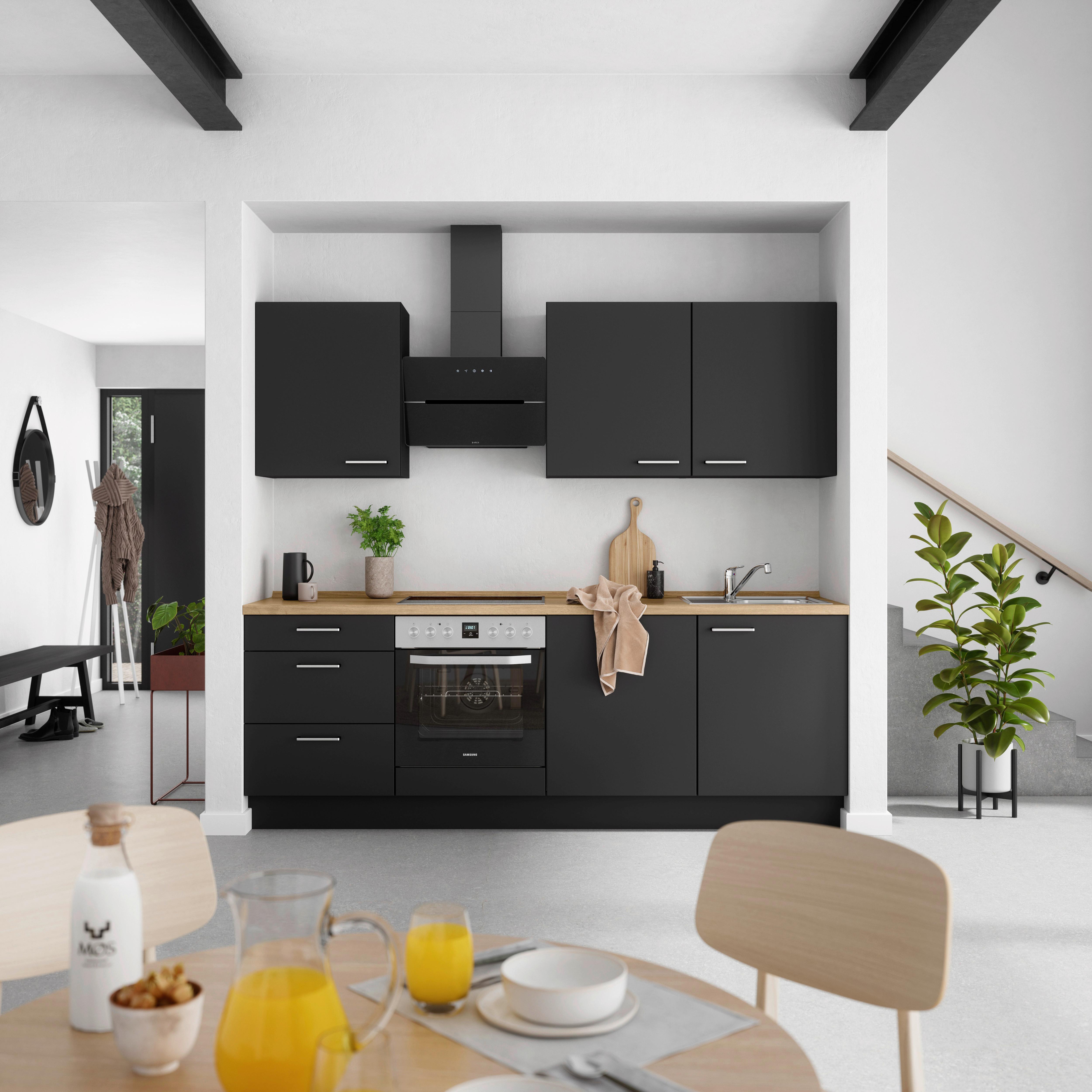 Küchenblock Touch High m. Geräten Schwarz - Edelstahlfarben/Eichefarben, MODERN, Holzwerkstoff/Metall (240cm) - Nobilia