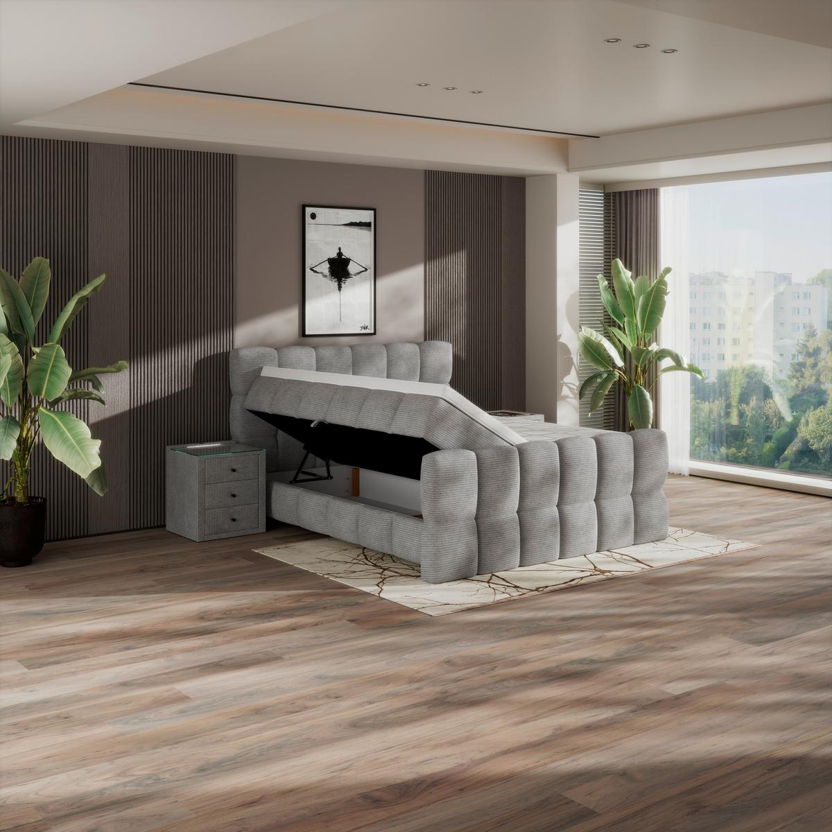 Postelja Boxspring Brisbane, Svetlo Siva, 180x200 - črna/svetlo siva, Trend, umetna masa/tekstil (180/200cm) - Premium Living
