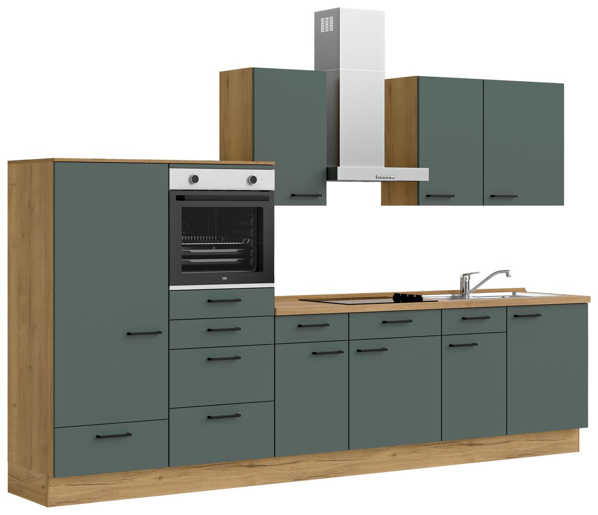 Küchenblock Easytouch Low m. Geräten Dunkelgrün - Dunkelgrün/Eichefarben, MODERN, Holzwerkstoff/Metall (330cm) - Nobilia