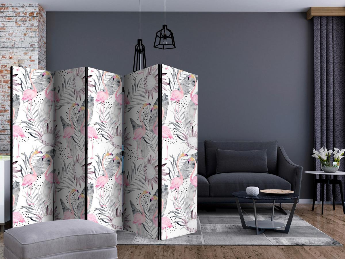 Paravan Flamingos And Twigs I, 5-Delni, Dvostranski - bela/svetlo roza, Basics, tekstil/les (225/172/3cm) - artgeist