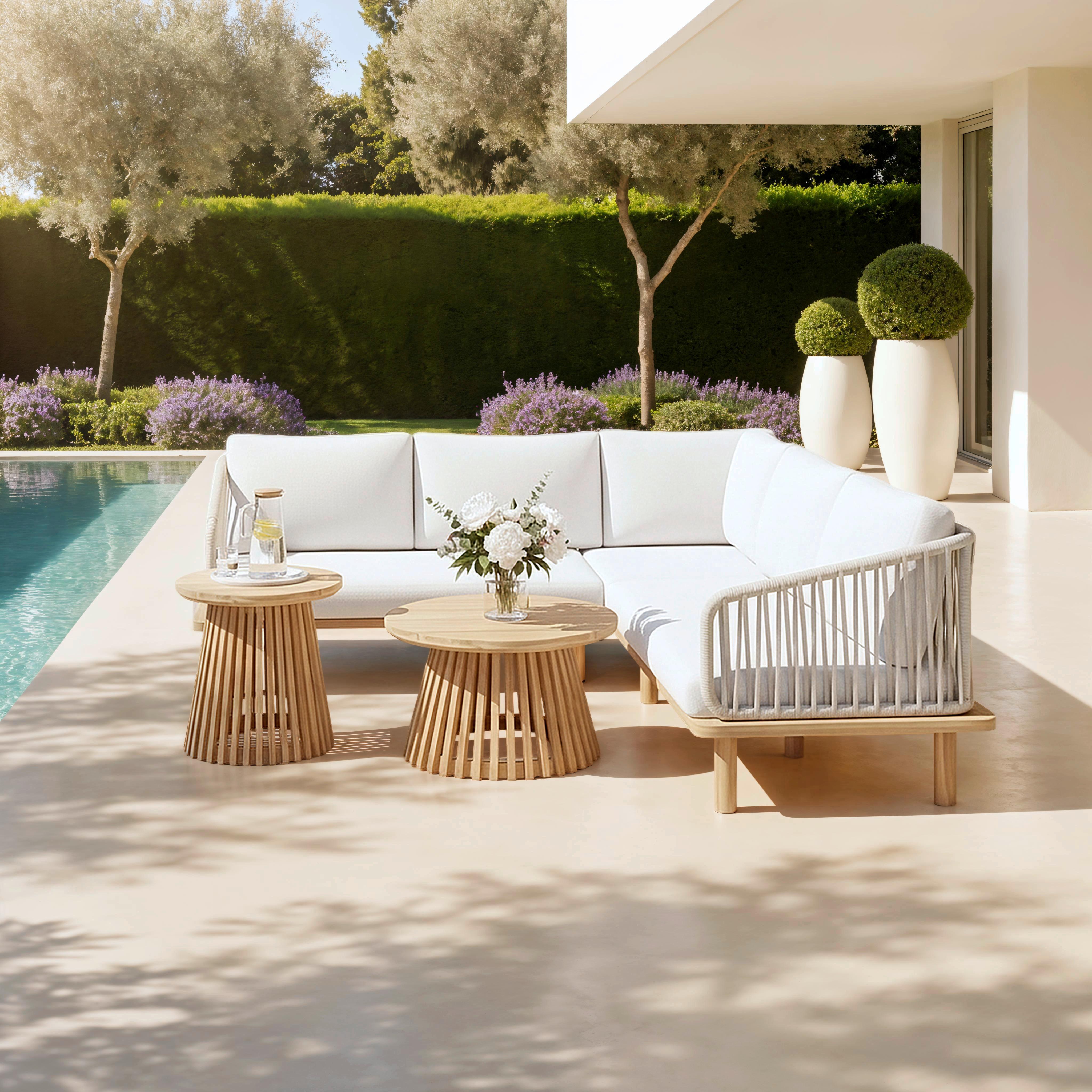 Loungegarnitur Mara Holz Outdoorstoff/Metall - Creme/Teakfarben, MODERN, Holz/Textil (190/190cm) - Bessagi Garden