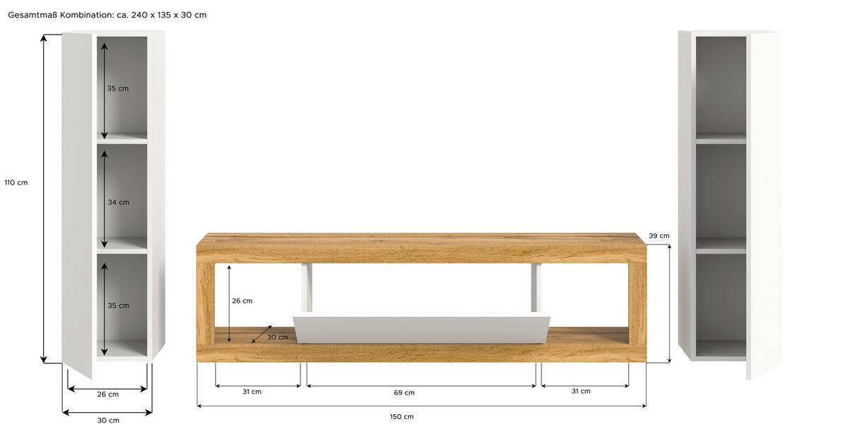 Ansamblu mobilier camera de zi TANGO - alb/stejar Wotan, Design, material pe bază de lemn (240/135/30cm) - Modern Living