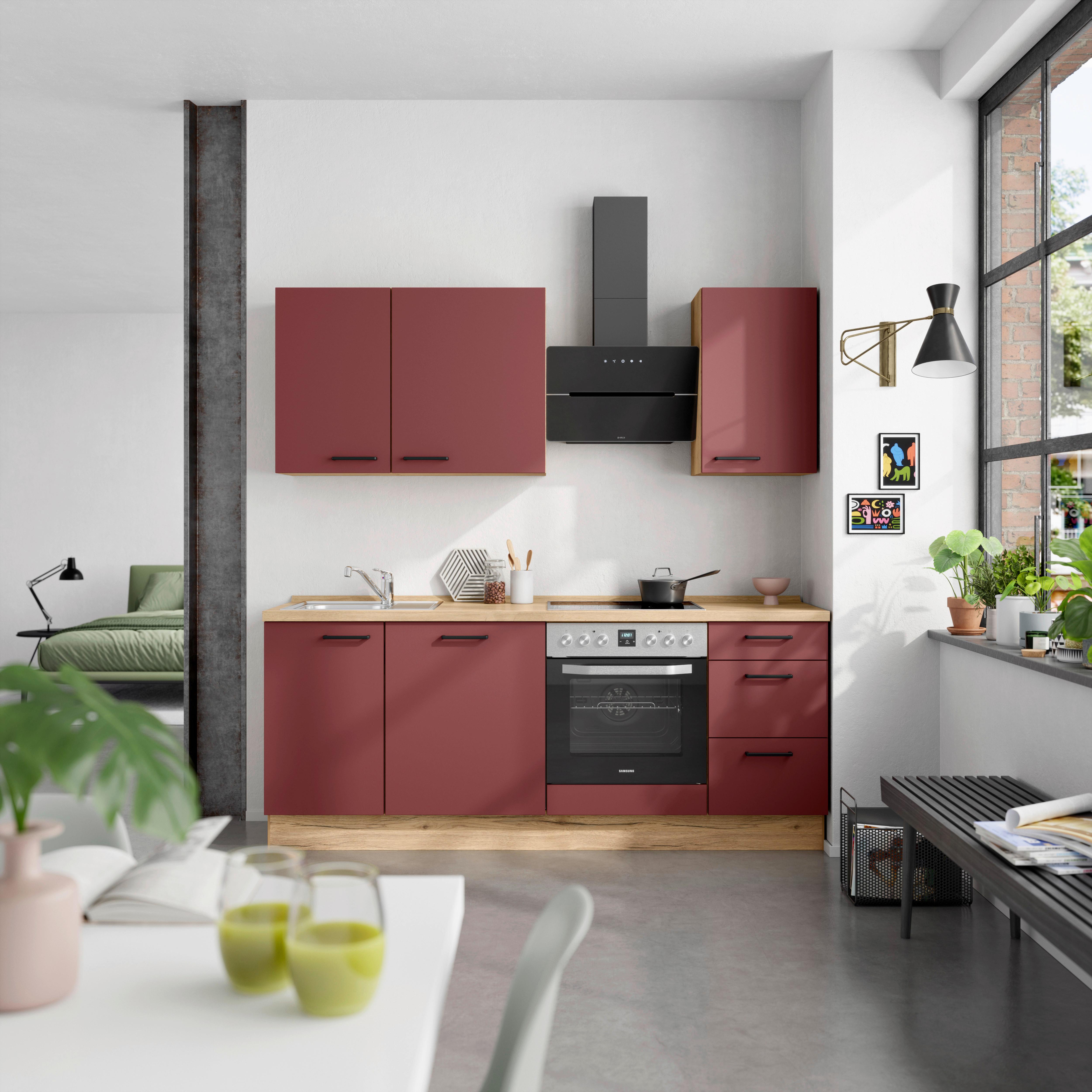 Küchenblock Easytouch High m. Geräten Dunkelrot - Eichefarben/Schwarz, MODERN, Holzwerkstoff/Metall (210cm) - Nobilia