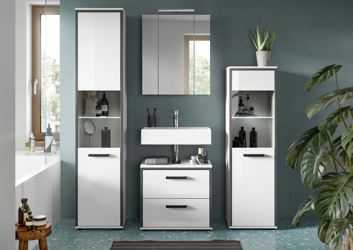 Badezimmer Kojak 4-tlg. Weiß/Anthrazit m. LED - Weiß Hochglanz/Schwarz, MODERN, Holzwerkstoff/Kunststoff (140cm) - MID.YOU