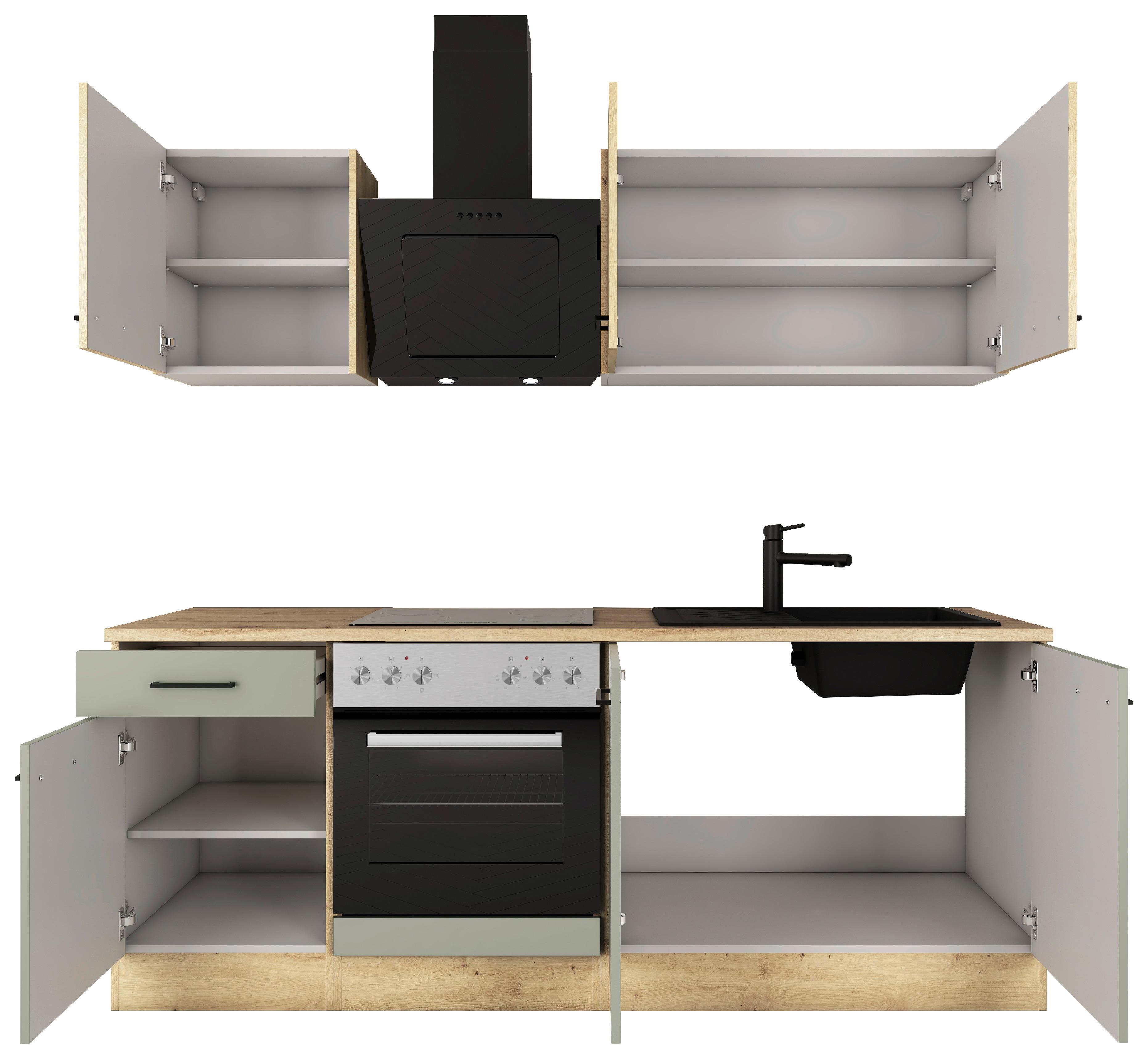 Küchenblock Cara mit Geräten ca. 210 cm Grün/Eiche - Schilfgrün/Schwarz, Basics, Holzwerkstoff/Metall (210cm) - FlexWell