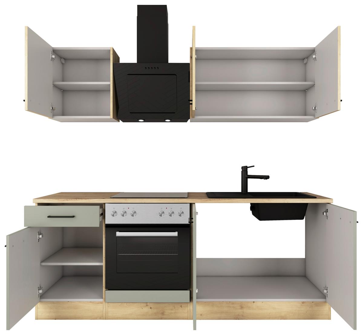Küchenblock Cara mit Geräten ca. 210 cm Grün/Eiche - Schilfgrün/Schwarz, Basics, Holzwerkstoff/Metall (210cm) - FlexWell
