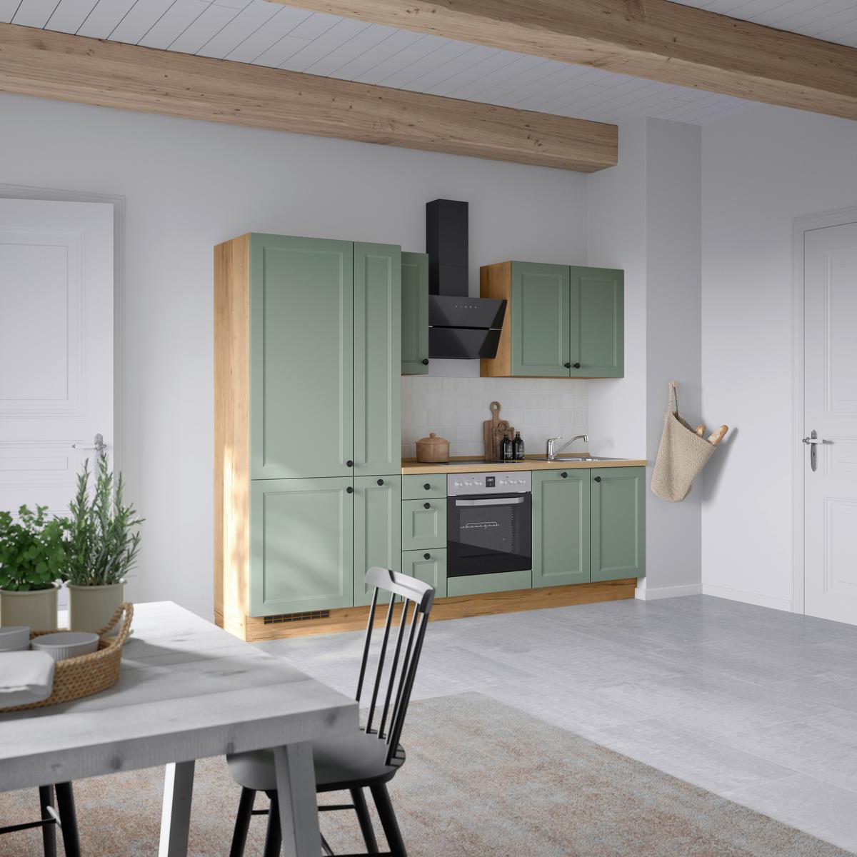 Küchenblock Casada High m. Geräten Schilfgrün - Schilfgrün/Eichefarben, MODERN, Holzwerkstoff/Metall (270cm) - Nobilia