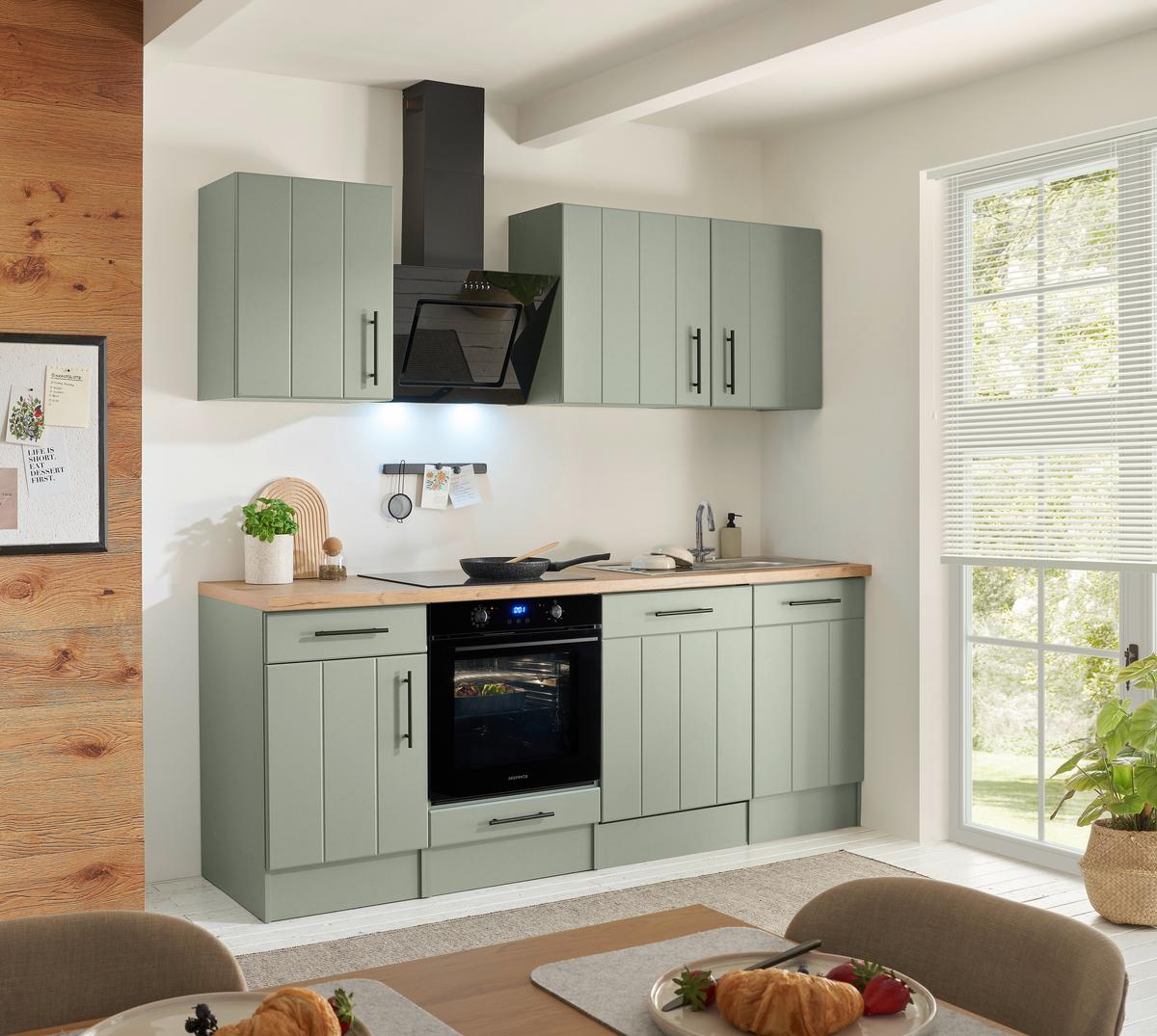 Küchenblock Anton m. Geräten Schilfgrün - Schilfgrün/Wildeiche, Trend, Holzwerkstoff/Metall (220cm) - Respekta