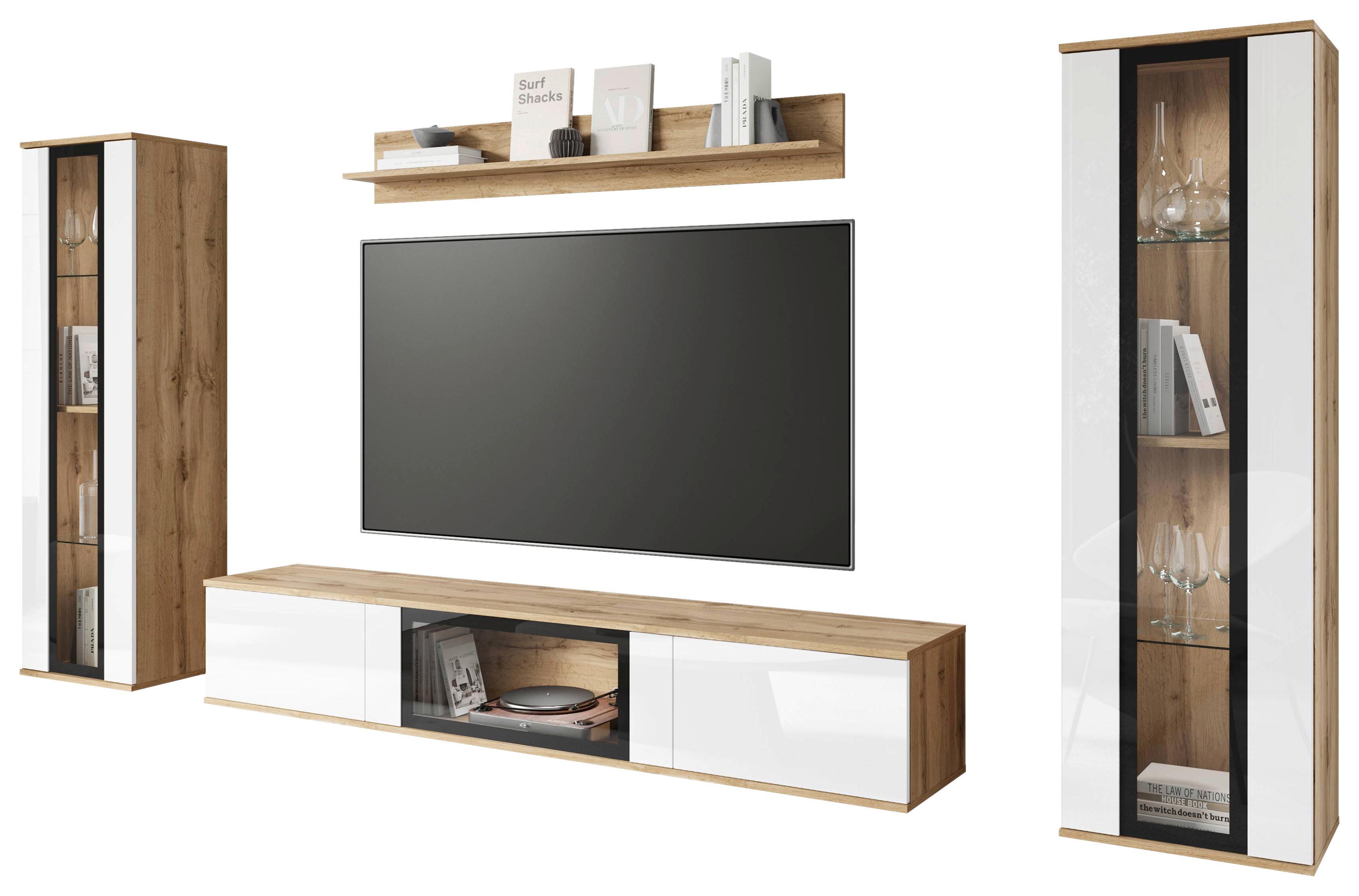 Dnevni Regal Caro, Bela, Barva Hrasta, Osvetlitev, 4-Delni - hrast wotan/črna, Trend, umetna masa/steklo (262/141,9/33cm) - Livetastic