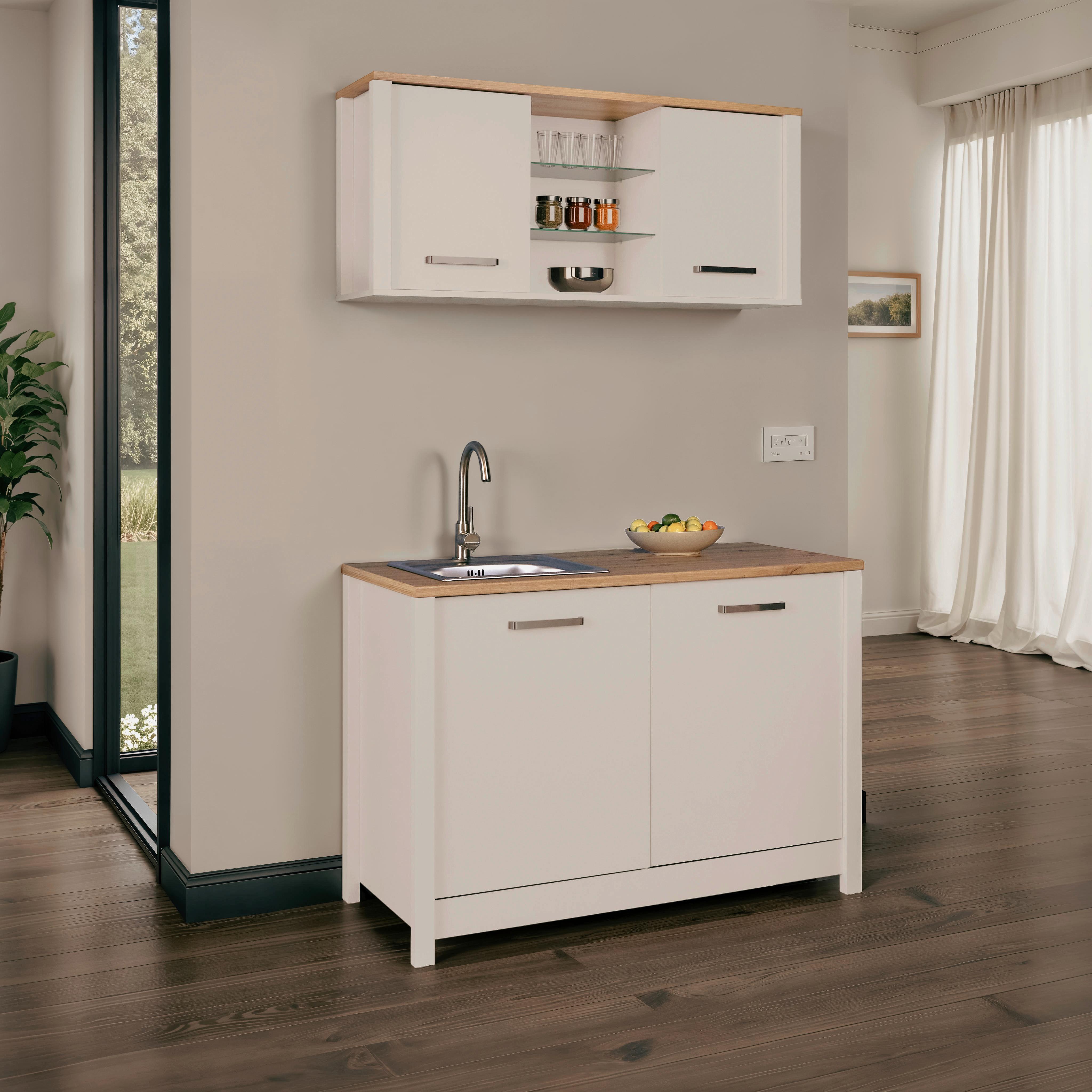 Miniküche Bundle 1 o. Geräte B: ca. 130cm Kaschmir - Kaschmir/Silberfarben, MODERN, Glas/Holzwerkstoff (130cm) - home24