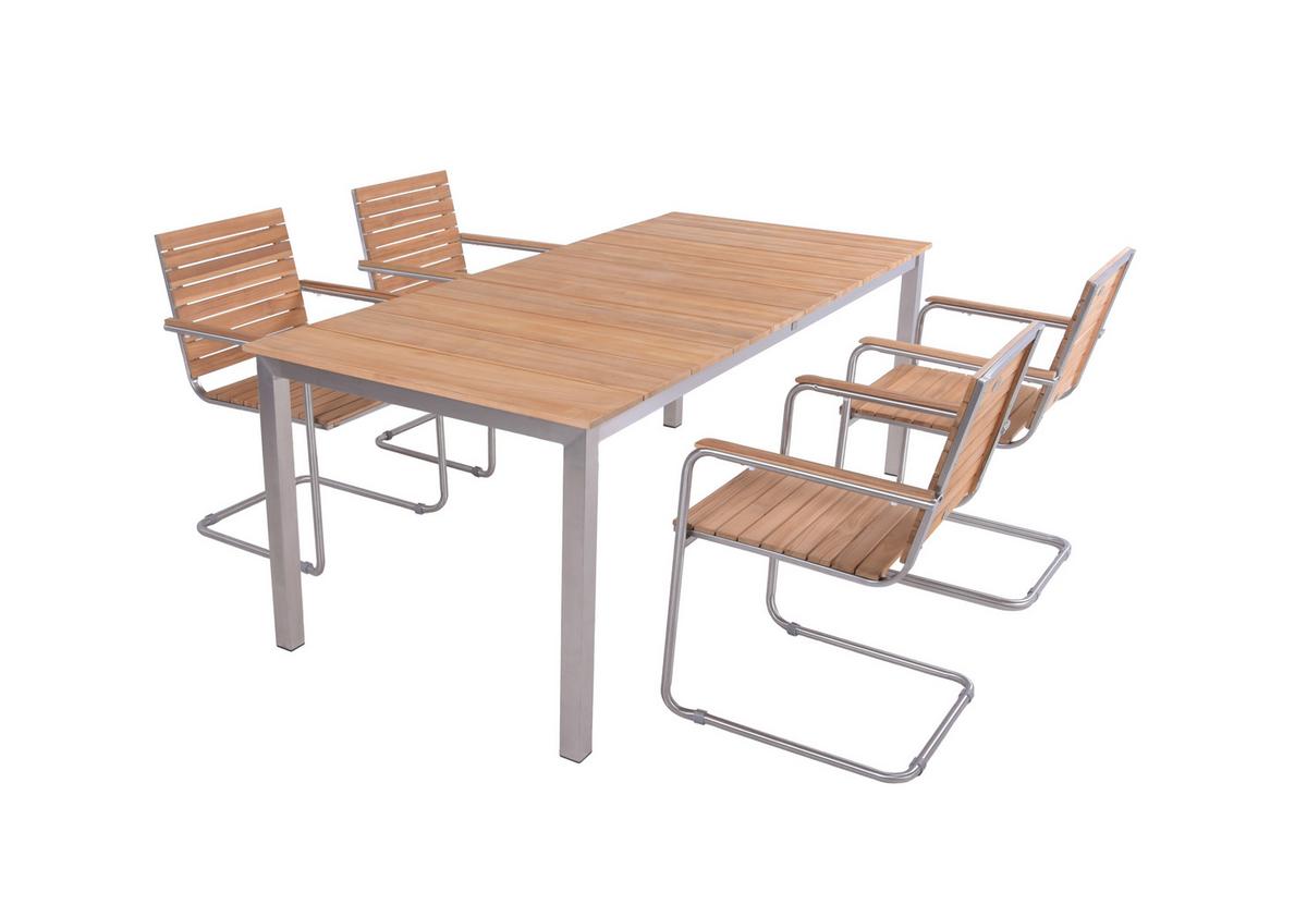 Gartentischgruppe Dallas- Denver Teak 5-tlg. - Silberfarben/Braun, Basics, Holz/Metall - Gardenson