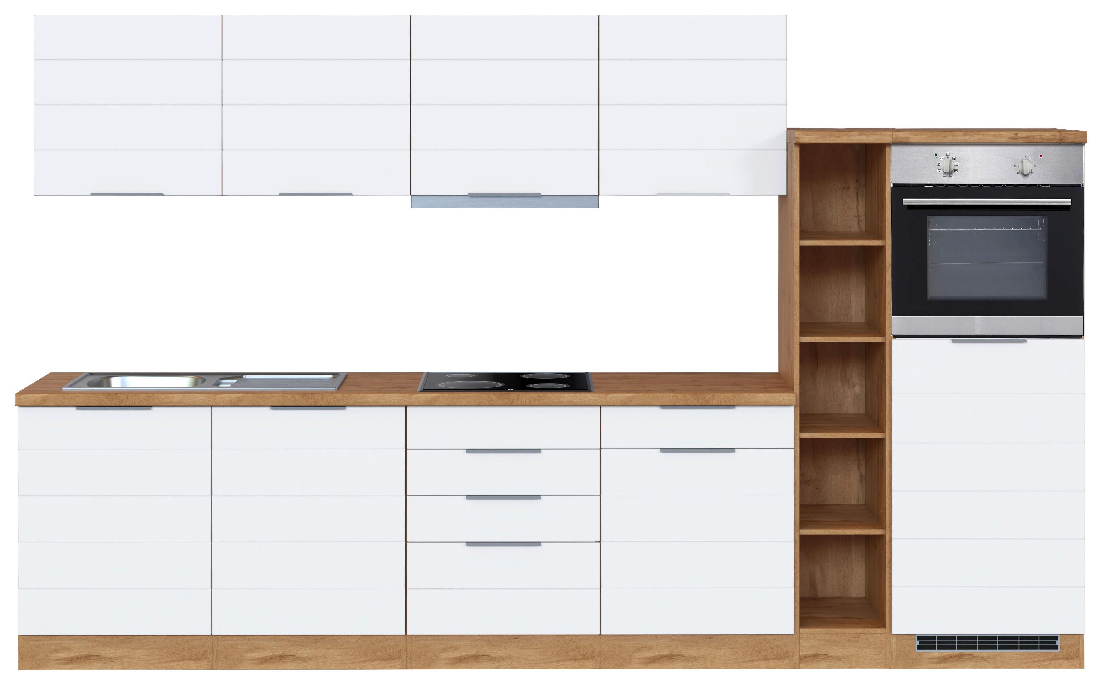 Küchenblock Florenz mit Geräten ca. 330 cm Weiß/Eiche - Eiche Wotan/Weiß, Design, Holzwerkstoff/Metall (330cm) - Held