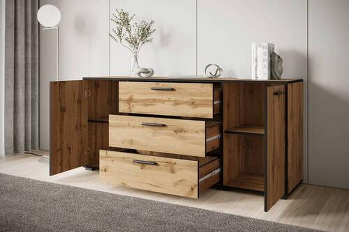 Sideboard Bogota ca. 150x68 cm Eiche Wotan - Eiche Wotan/Schwarz, Basics, Holzwerkstoff/Kunststoff (150/68/40cm) - MID.YOU