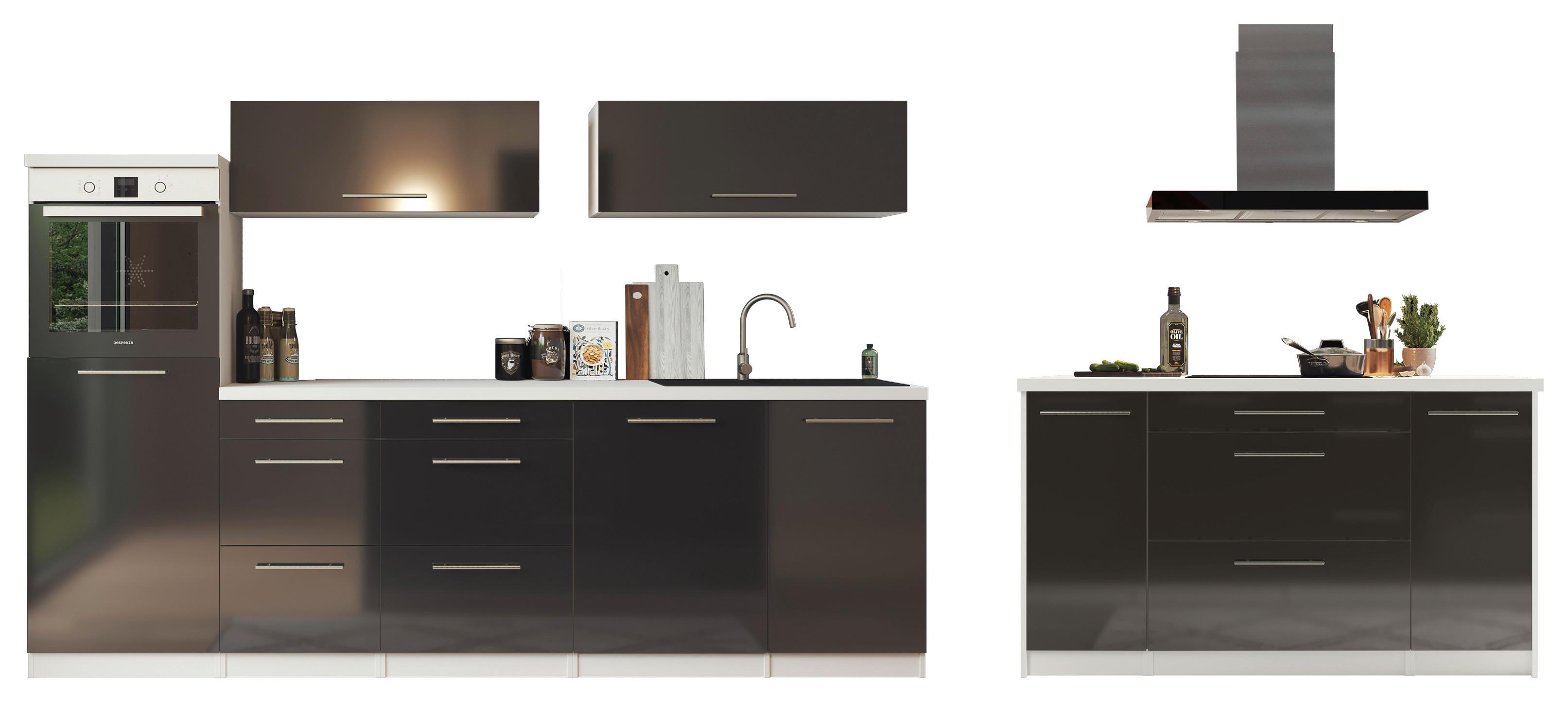 Inselküche Premium Weiss Hoch glanz m. Geräten B: ca. 280 cm - Schwarz/Weiß, MODERN, Holzwerkstoff/Metall (280/160cm) - Respekta