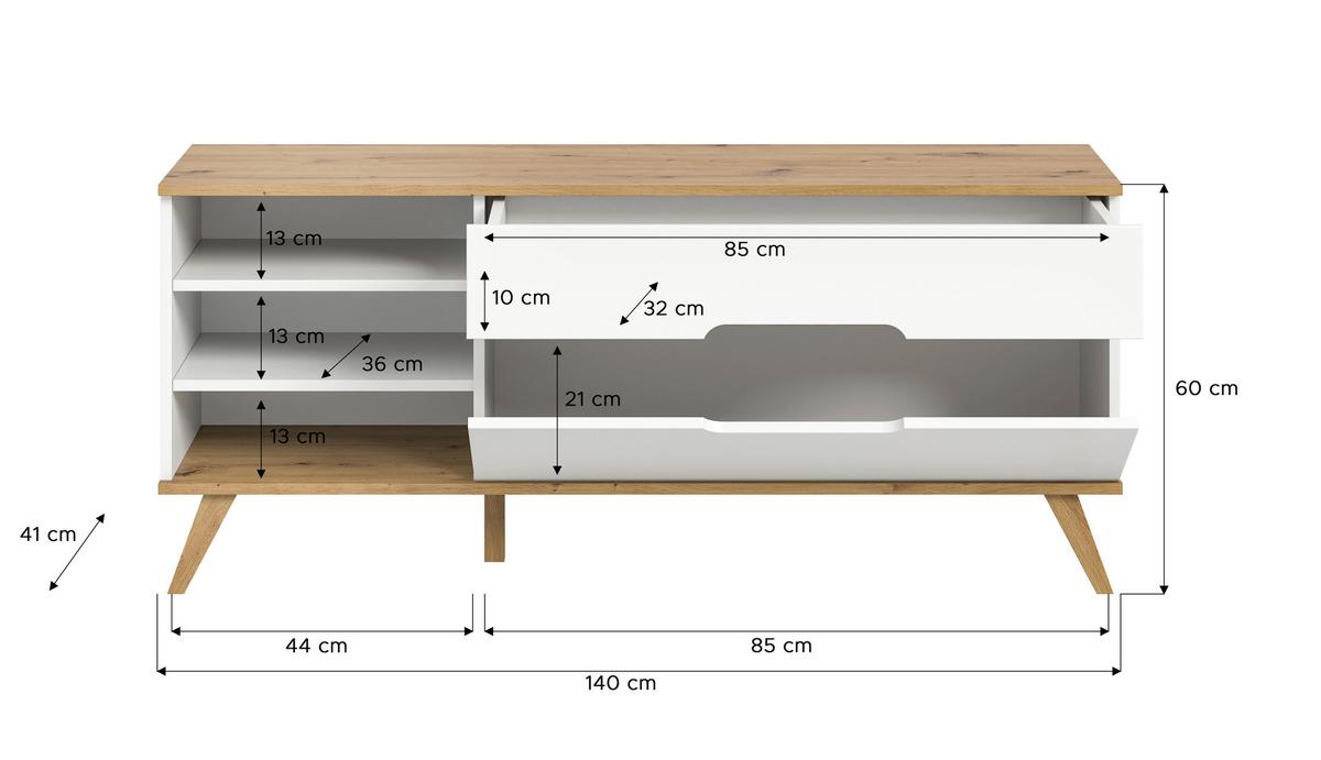 Tv Komoda Stockholm - bijela/boje hrasta, Design, drvni materijal (140/60/40cm) - Modern Living