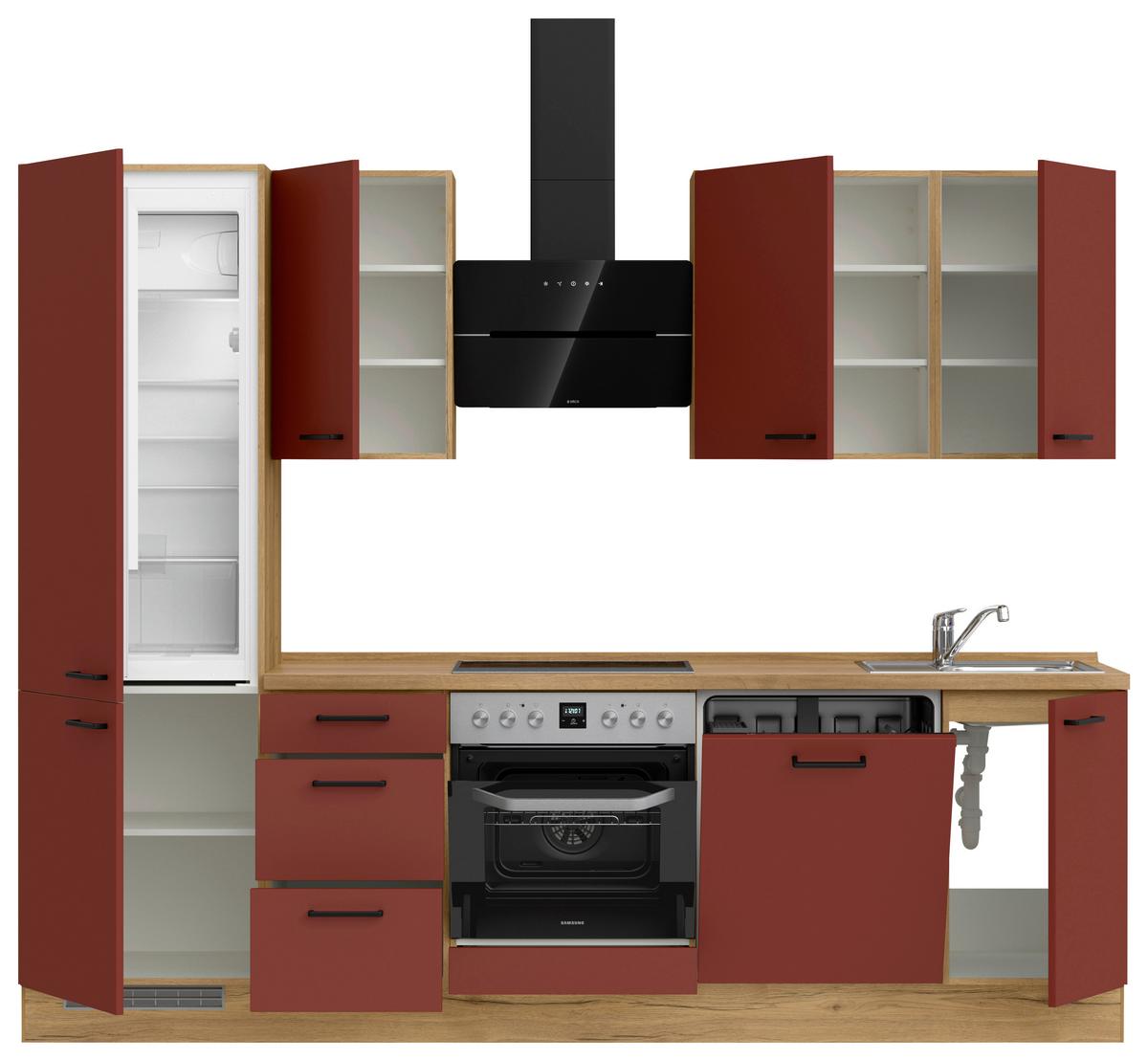 Küchenblock Easytouch High m. Geräten Dunkelrot - Eichefarben/Schwarz, MODERN, Holzwerkstoff/Metall (270cm) - Nobilia