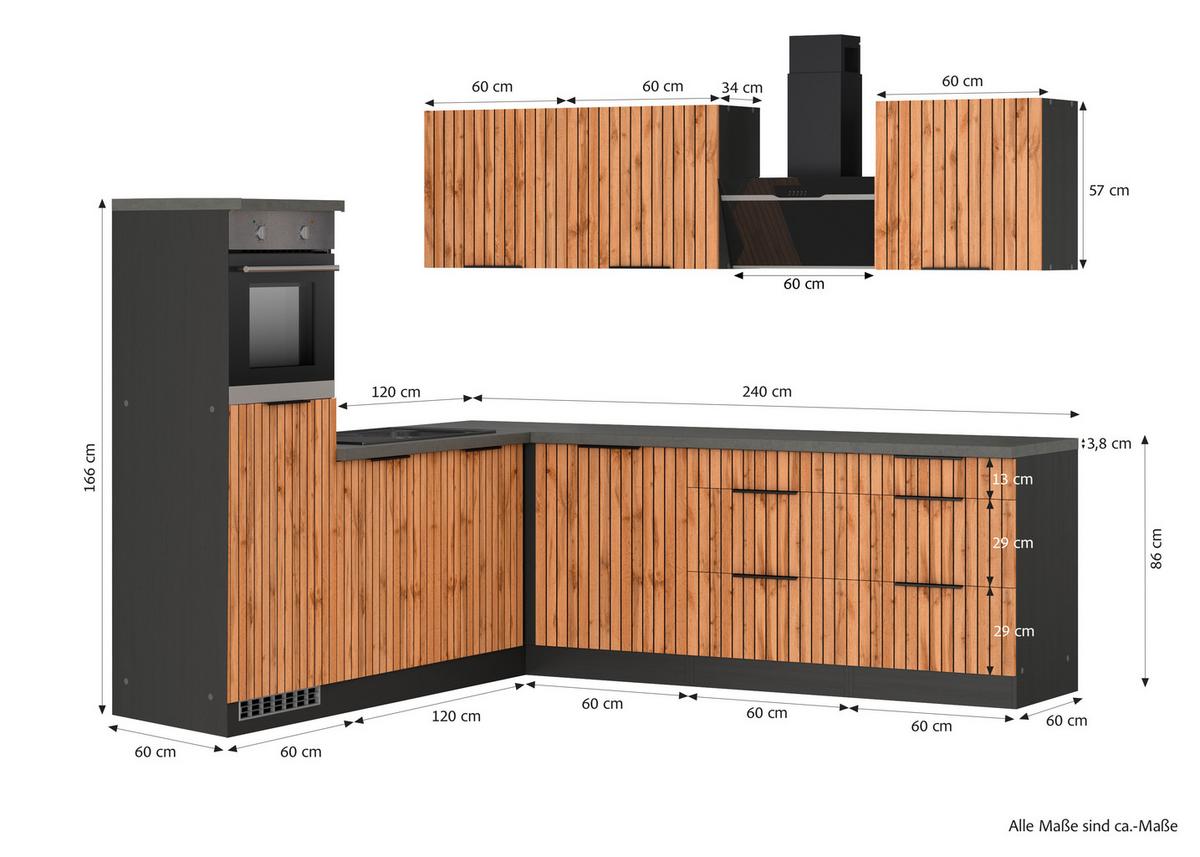 Eckküche Liverpool m. Geräten ca. 240x240cm Eiche - Schieferfarben/Eiche Wotan, Basics, Holzwerkstoff/Metall (240/240cm) - Held