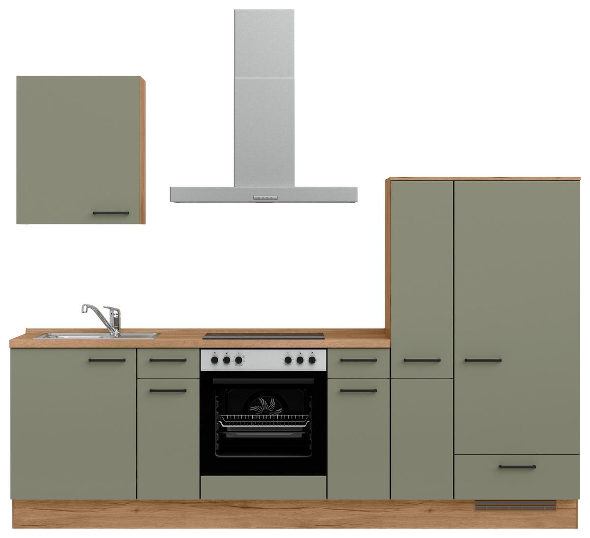 Küchenleerblock Senso Low o. Geräte Olivgrün - Eichefarben/Schwarz, MODERN, Holzwerkstoff/Metall (270cm) - Nobilia