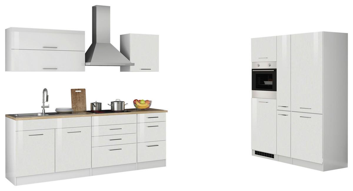 Küchenblock Mailand m. Geräten B: ca. 380cm Weiß Hochglanz - Weiß Hochglanz/Silberfarben, MODERN, Holzwerkstoff/Metall (380cm) - Held