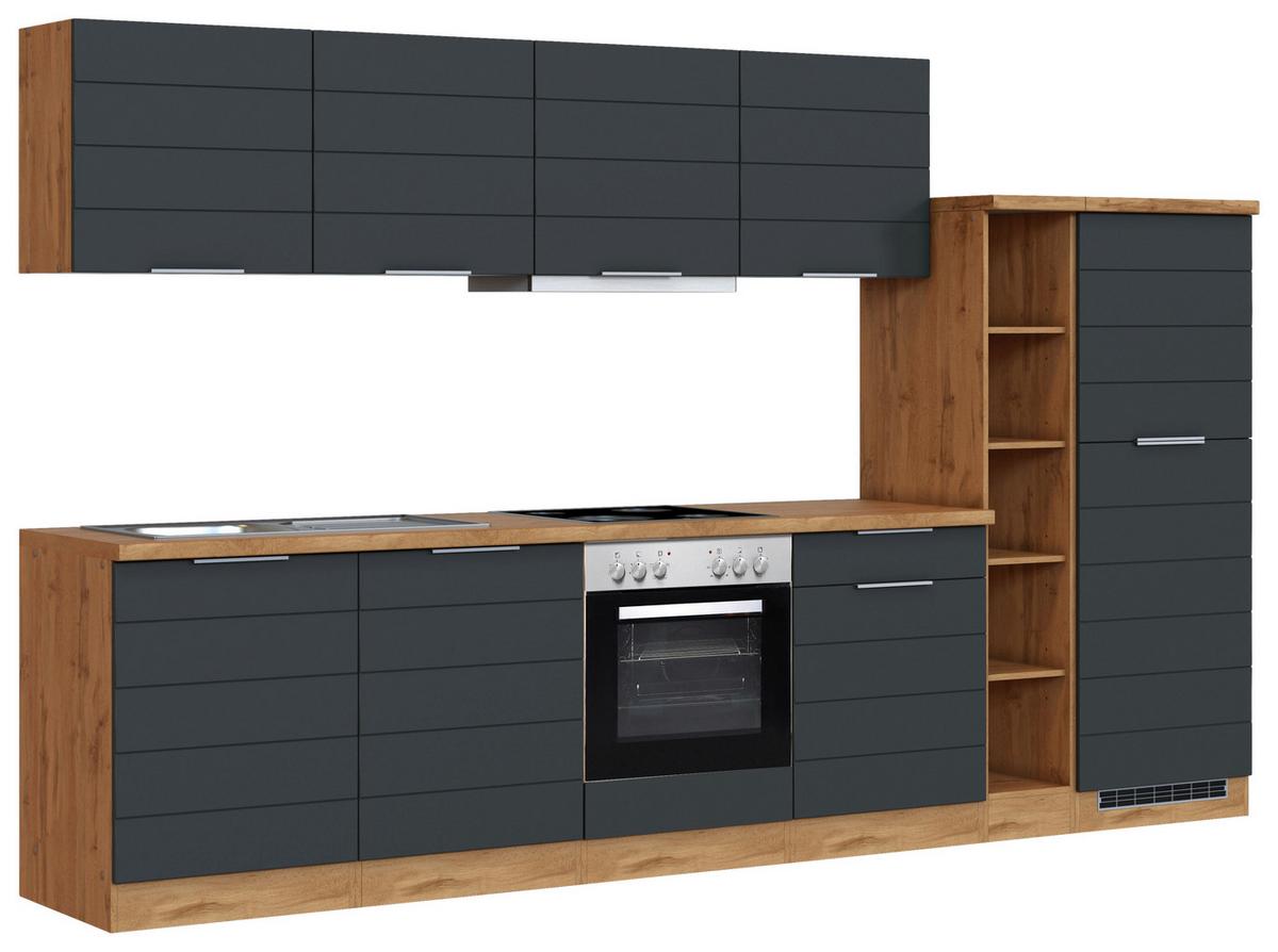 Küchenblock Florenz mit Geräten ca. 330 cm Grau/Eiche - Eiche Wotan/Grau, Design, Holzwerkstoff/Metall (330cm) - Held