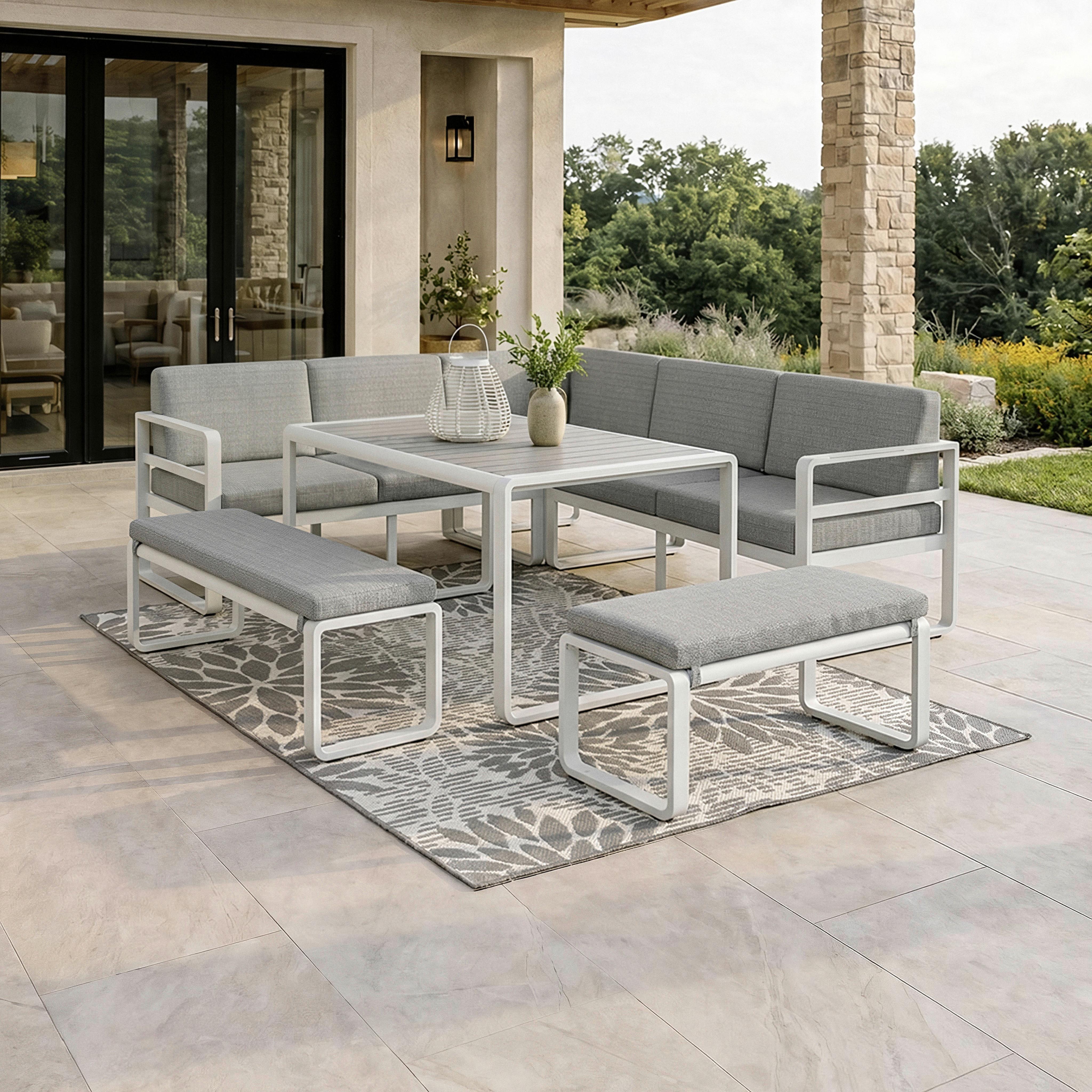Dining-loungeset Aruba - Weiss/Hellgrau, Modern, Kunststoff/Textil - Bessagi Garden