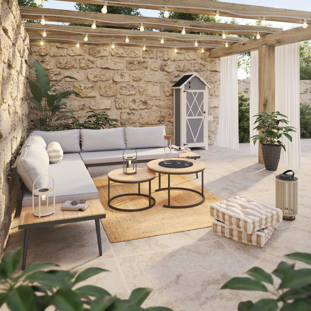 Loungegarnitur-Set Lorena Grau Akazie Metall/Outdoorstoff - Schwarz/Grau, MODERN, Holz/Textil (241/67/69cm) - Bessagi Garden