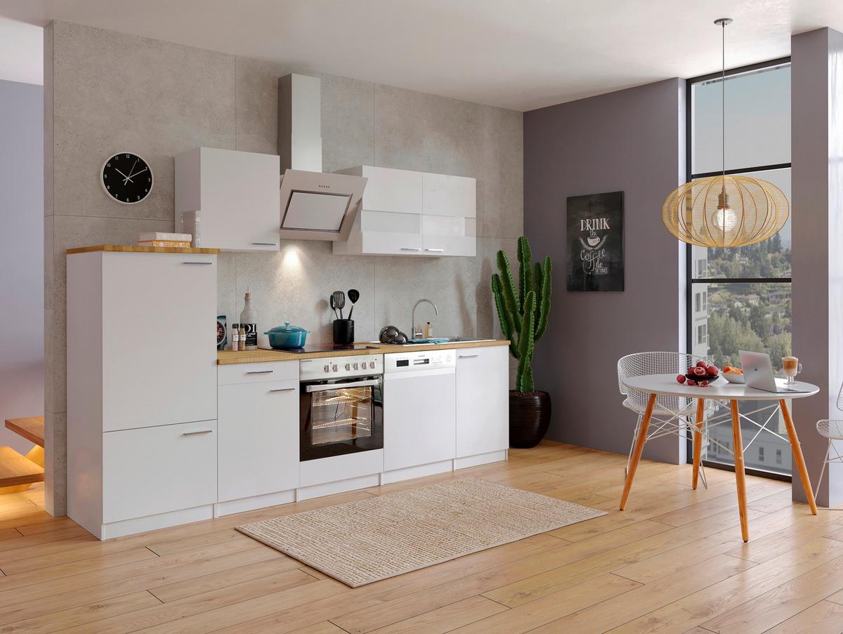 Küchenblock Economy mit Geräten Weiß B: ca. 280 cm - Edelstahlfarben/Nussbaumfarben, Basics, Holzwerkstoff/Metall (280cm) - Respekta