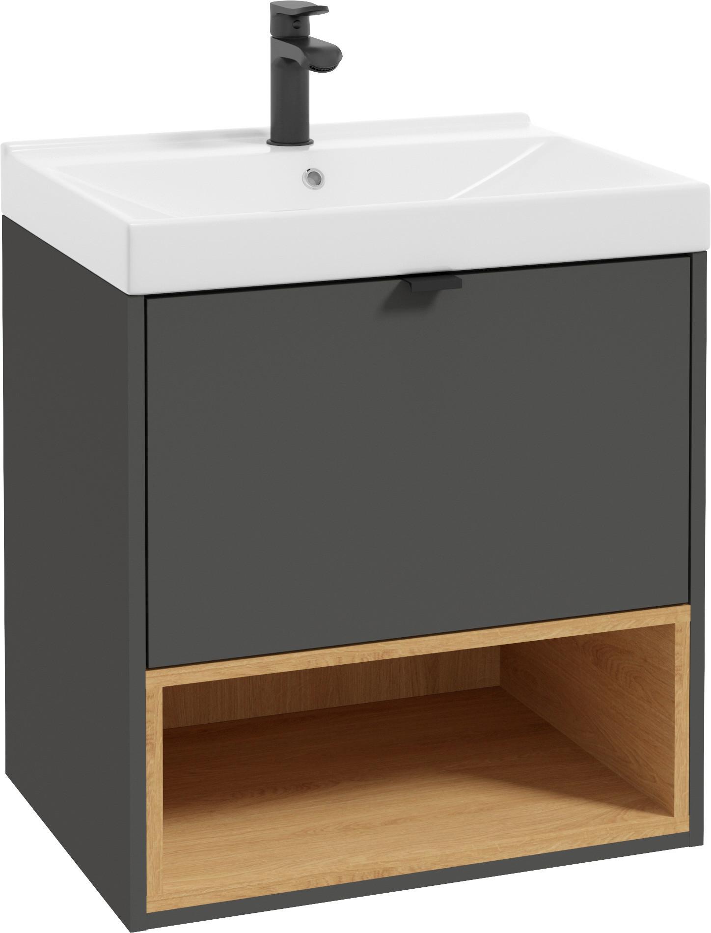 Mosdószekrény Mosdóval Open - tölgyfa színű/fekete, Modern, faalapú anyag/fém (62cm)