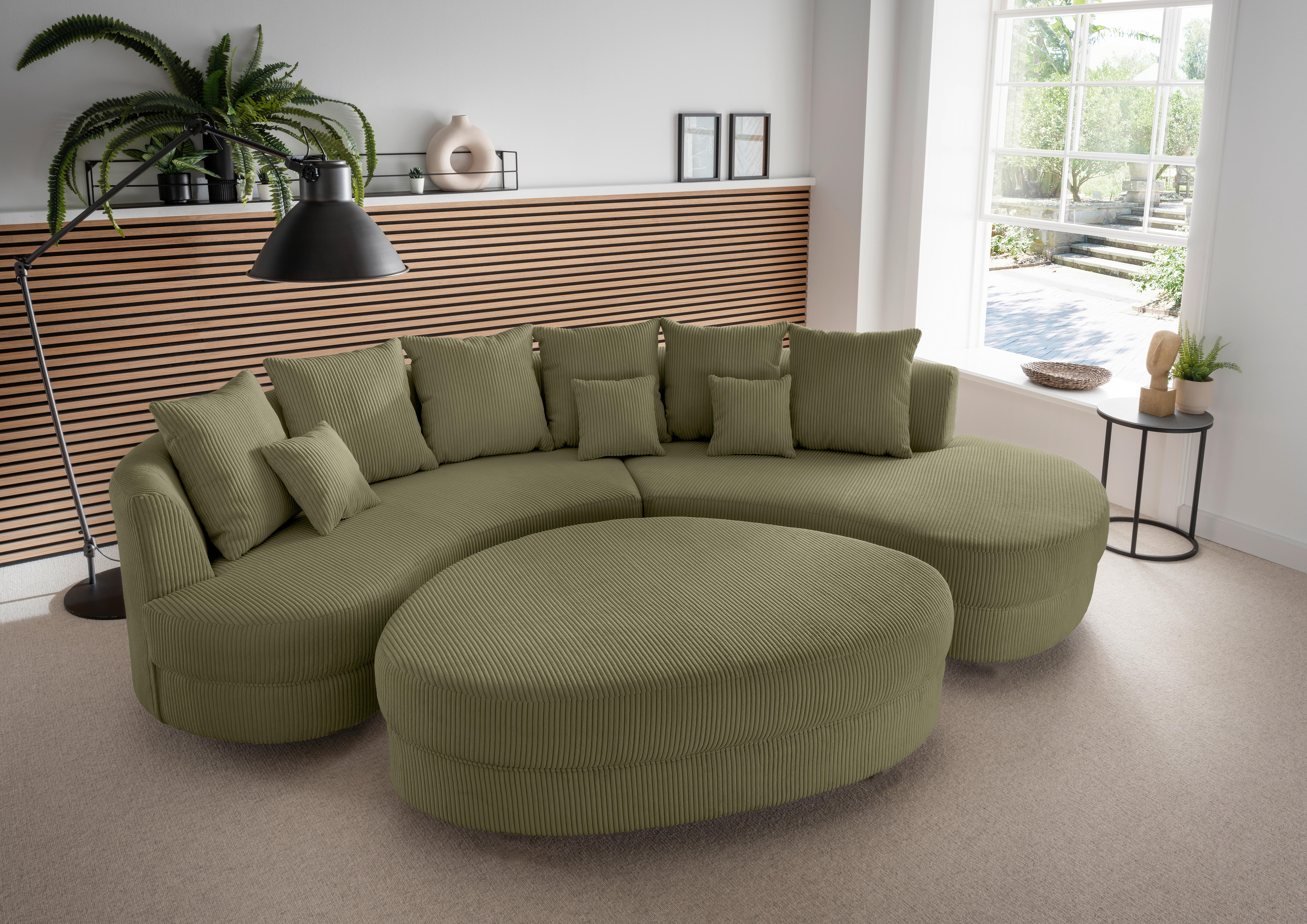 Wohnlandschaft Limoncello m. Hocker ca. 300x160cm Olivgrün - Schwarz/Olivgrün, Design, Kunststoff/Textil (300/160cm) - Livetastic