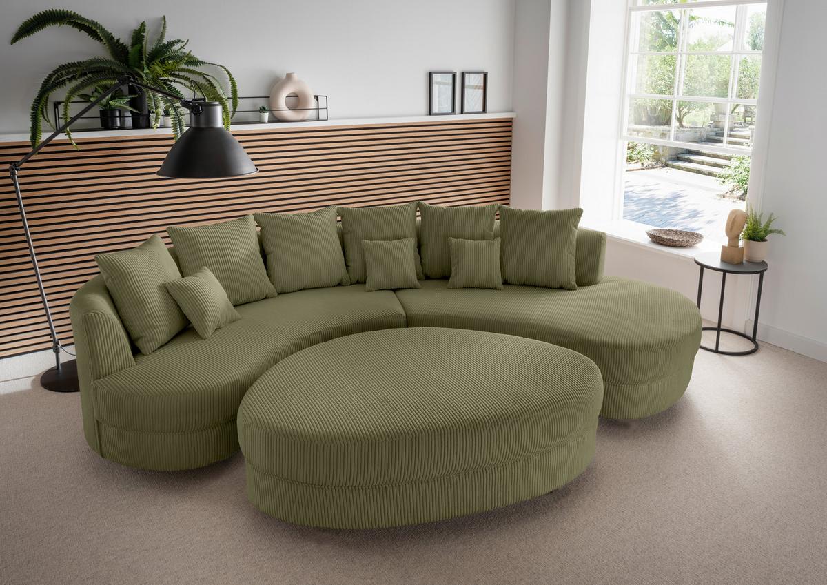 Wohnlandschaft Limoncello m. Hocker ca. 300x160cm Olivgrün - Schwarz/Olivgrün, Design, Kunststoff/Textil (300/160cm) - Livetastic