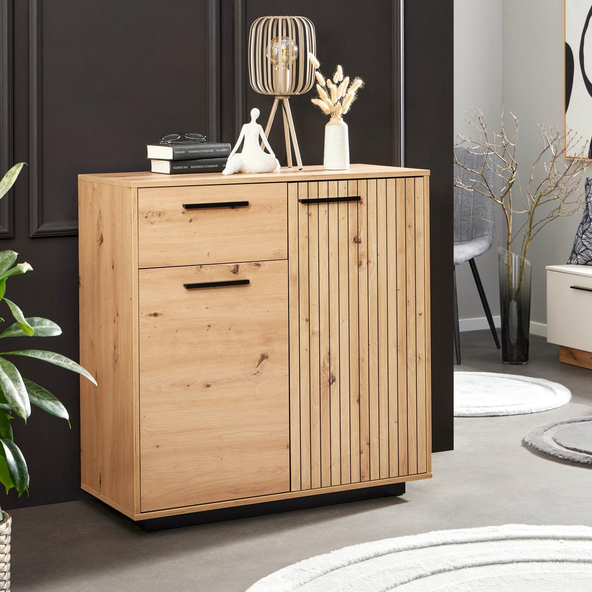 Comodă LUKAS - stejar Artisan/negru, Trend, material pe bază de lemn (93,6/95,4/40,2cm) - Modern Living