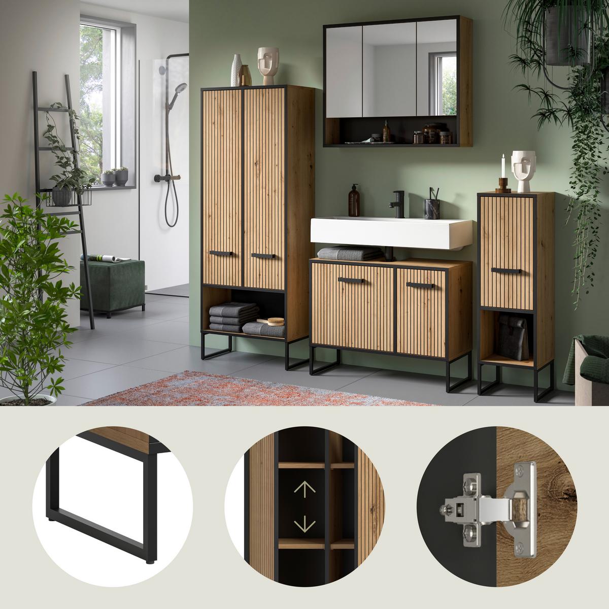Badezimmer Bagno 4-tlg. Eiche Artisan/Schwarz - Schwarz/Eiche Artisan, Trend, Glas/Holzwerkstoff (169cm) - MID.YOU