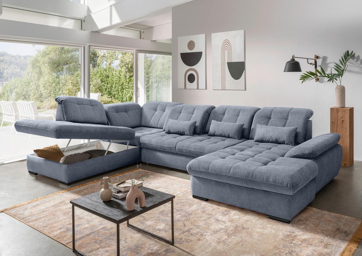 Wohnlandschaft Rigatti Hellblau Chenille m.Bettkasten - Schwarz/Hellblau, MODERN, Textil/Metall (252/387/184cm) - Livetastic