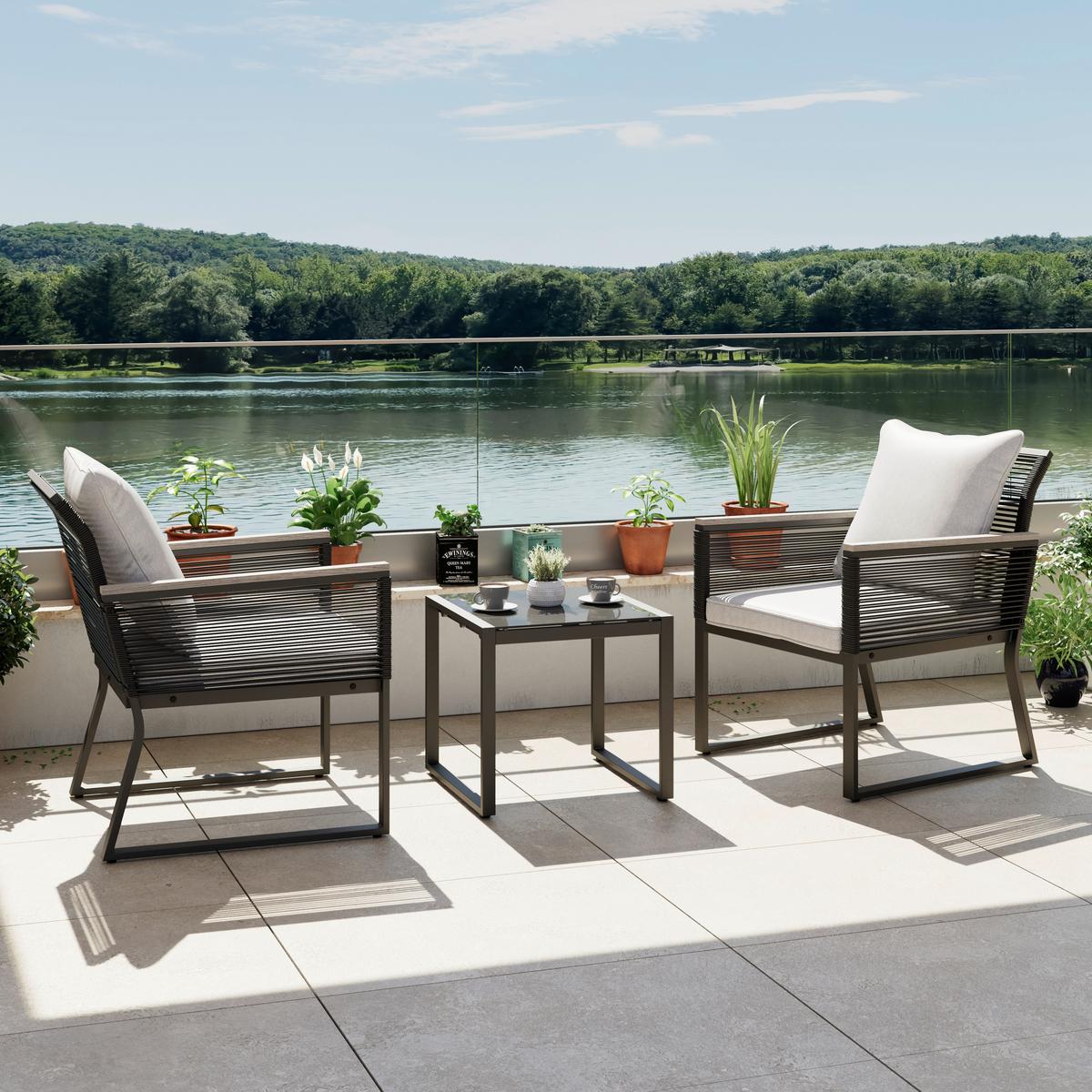 ZESTAW BALKONOWY PAULINA - jasnoszary/czarny, Modern, tworzywo sztuczne/metal - Bessagi Garden