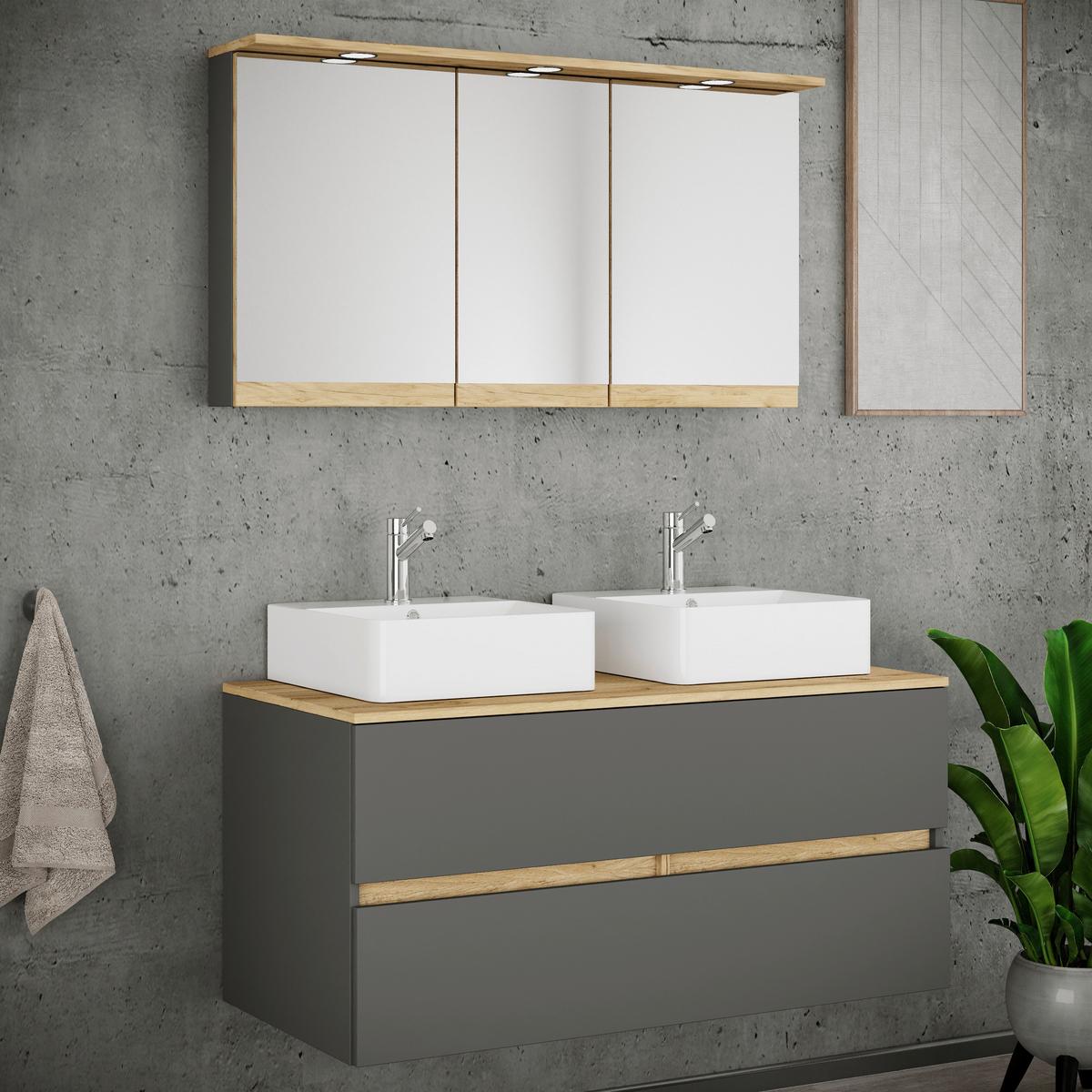 Badezimmer Cosila - Honigeiche/Weiss, Trend, Keramik/Holzwerkstoff (111cm) - MID.YOU