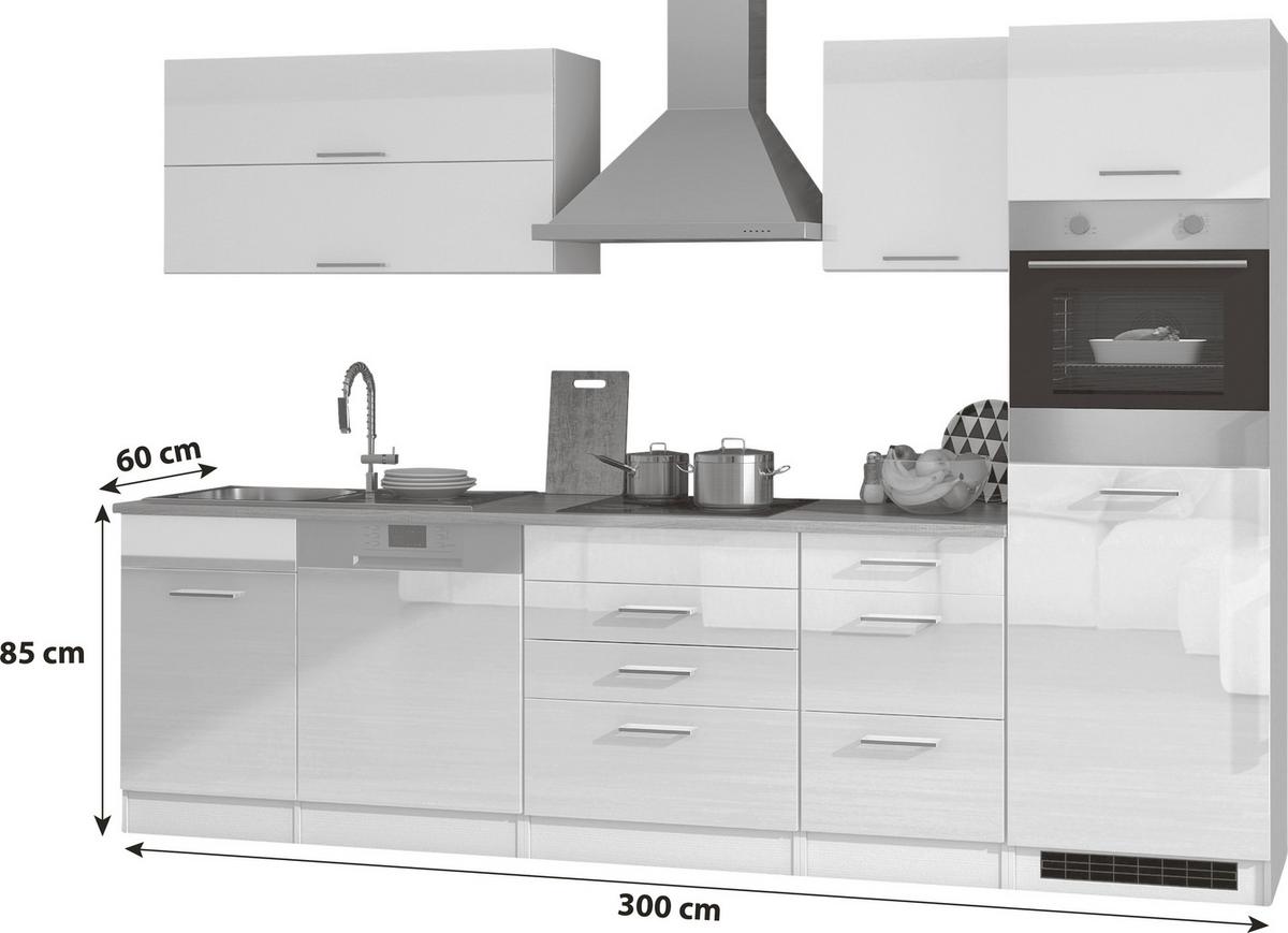 Küchenblock in Weiss inkl. E-Geräte 'Mailand' - Chromfarben/Weiß Hochglanz, MODERN, Holzwerkstoff/Metall (300cm) - Held
